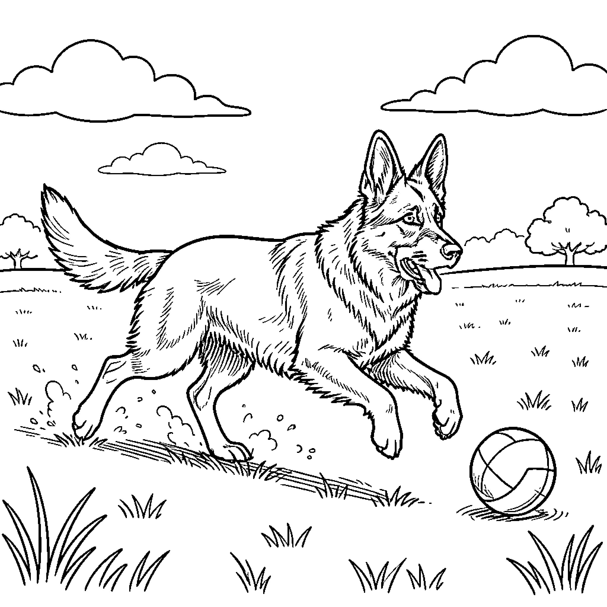 German Shepherd running joyfully after a ball Coloring Page (free black-and-white line drawing printable PDF for all, from beginners to advanced learners, including children, teens, adults, and seniors)
