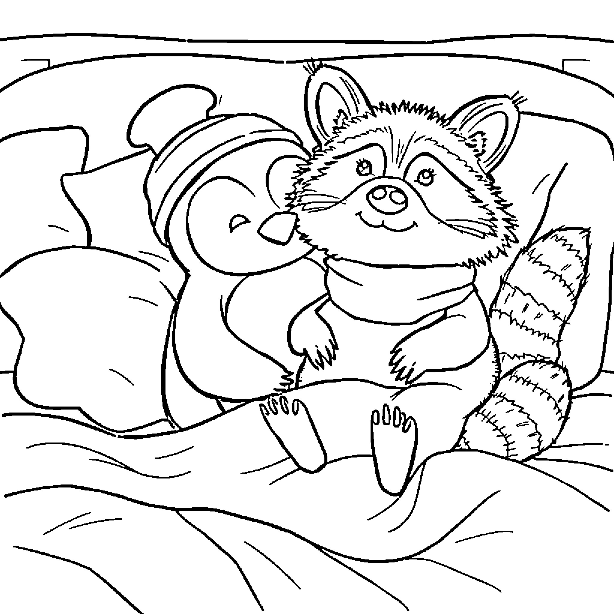 Penguin and raccoon sharing a cozy moment Coloring Page (free black-and-white line drawing printable PDF for all, from beginners to advanced learners, including children, teens, adults, and seniors)