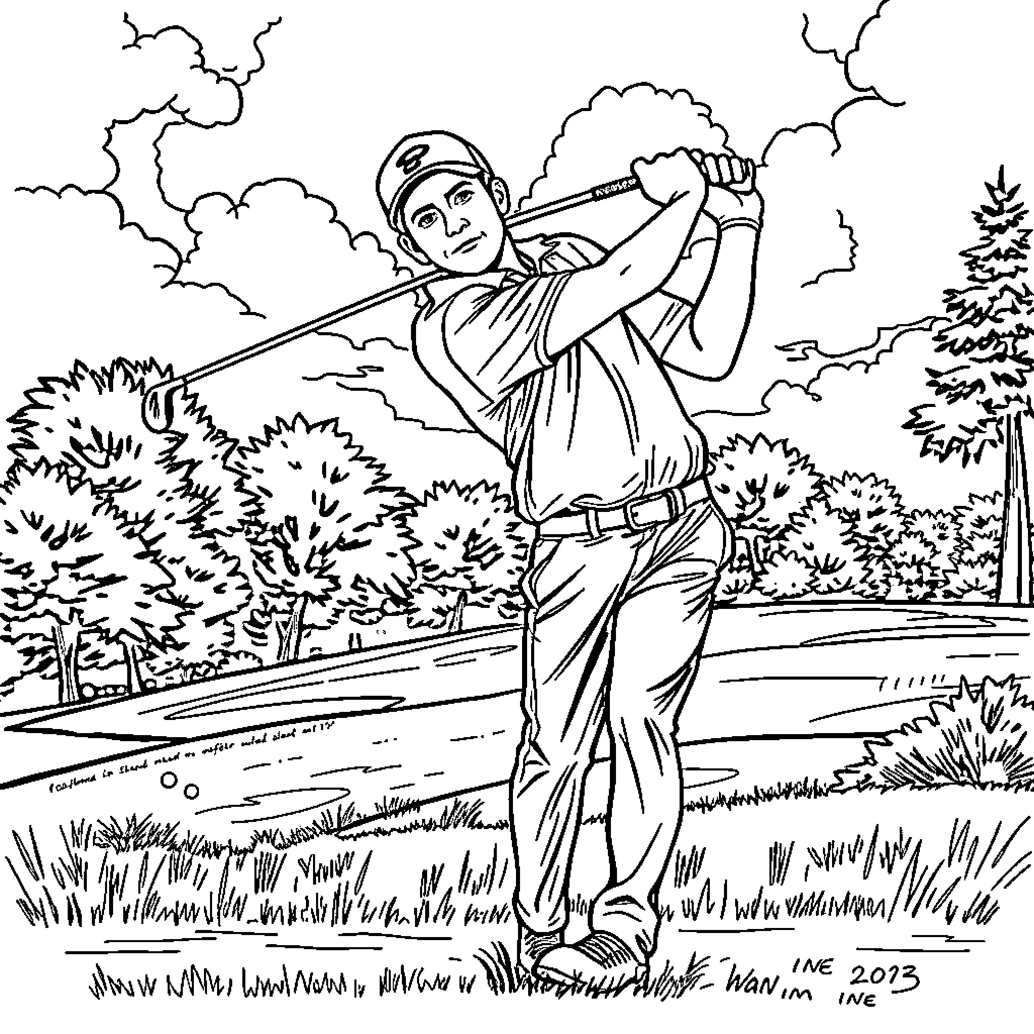 Scottie Scheffler playing golf in scenic outdoors Coloring Page (free black-and-white line drawing printable PDF for all, from beginners to advanced learners, including children, teens, adults, and seniors)