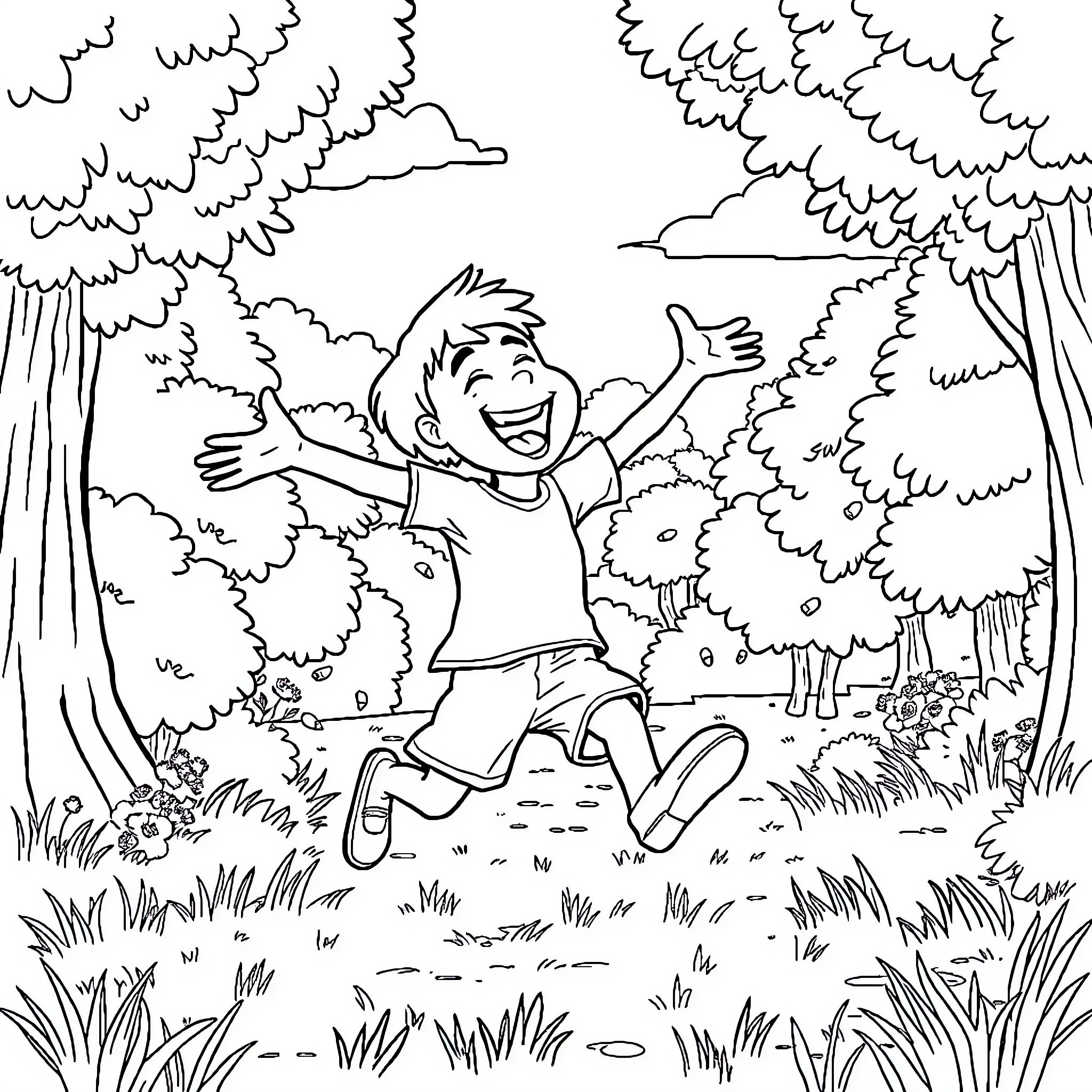 Sorro's Joyful Leap in the Woodland Coloring Page (free black-and-white line drawing printable PDF for all, from beginners to advanced learners, including children, teens, adults, and seniors)