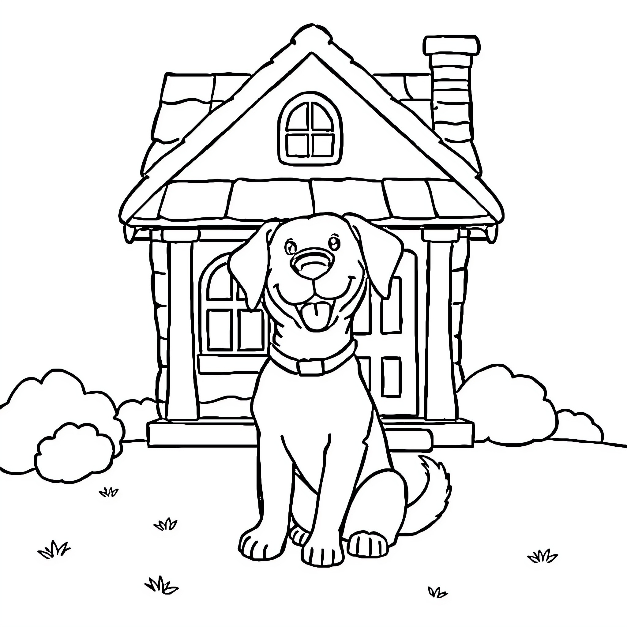 Dog sitting happily outside of cottage Coloring Page (free black-and-white line drawing printable PDF for all, from beginners to advanced learners, including children, teens, adults, and seniors)