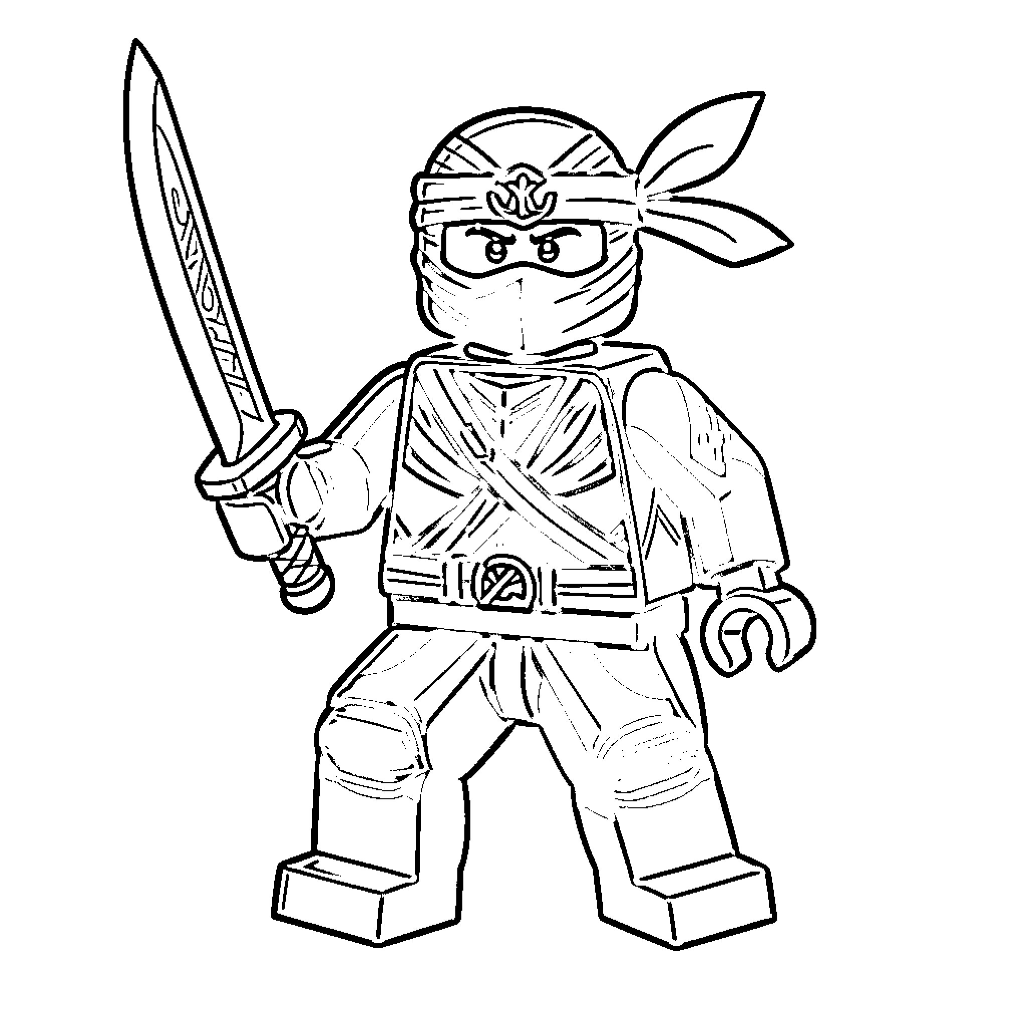 Lego Ninjago Kai in fighting pose with sword Coloring Page (free black-and-white line drawing printable PDF for all, from beginners to advanced learners, including children, teens, adults, and seniors)