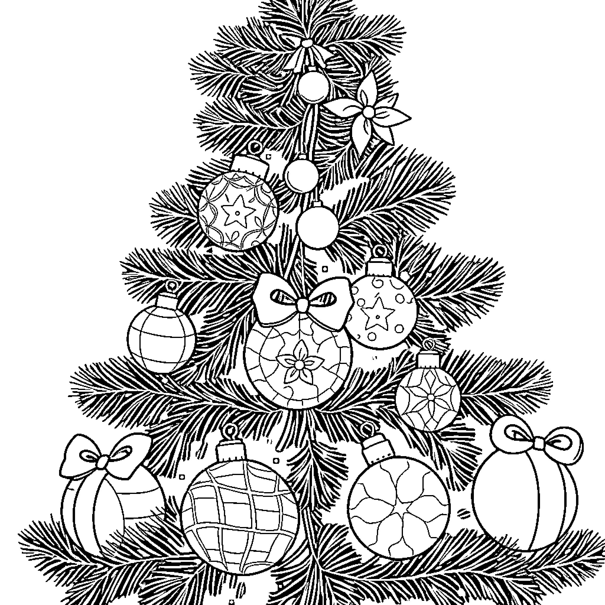 Christmas Tree Decorated with Ornaments and Bows Coloring Page (free black-and-white line drawing printable PDF for all, from beginners to advanced learners, including children, teens, adults, and seniors)