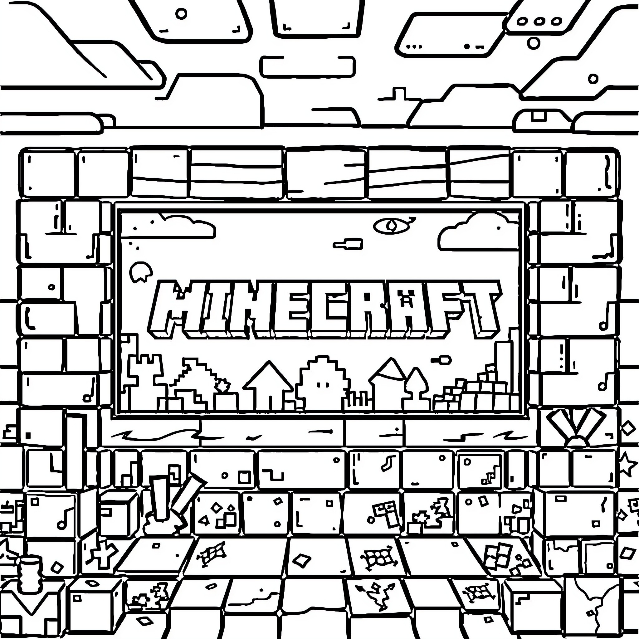 Minecraft stylized cityscape scene Coloring Page (free black-and-white line drawing printable PDF for all, from beginners to advanced learners, including children, teens, adults, and seniors)