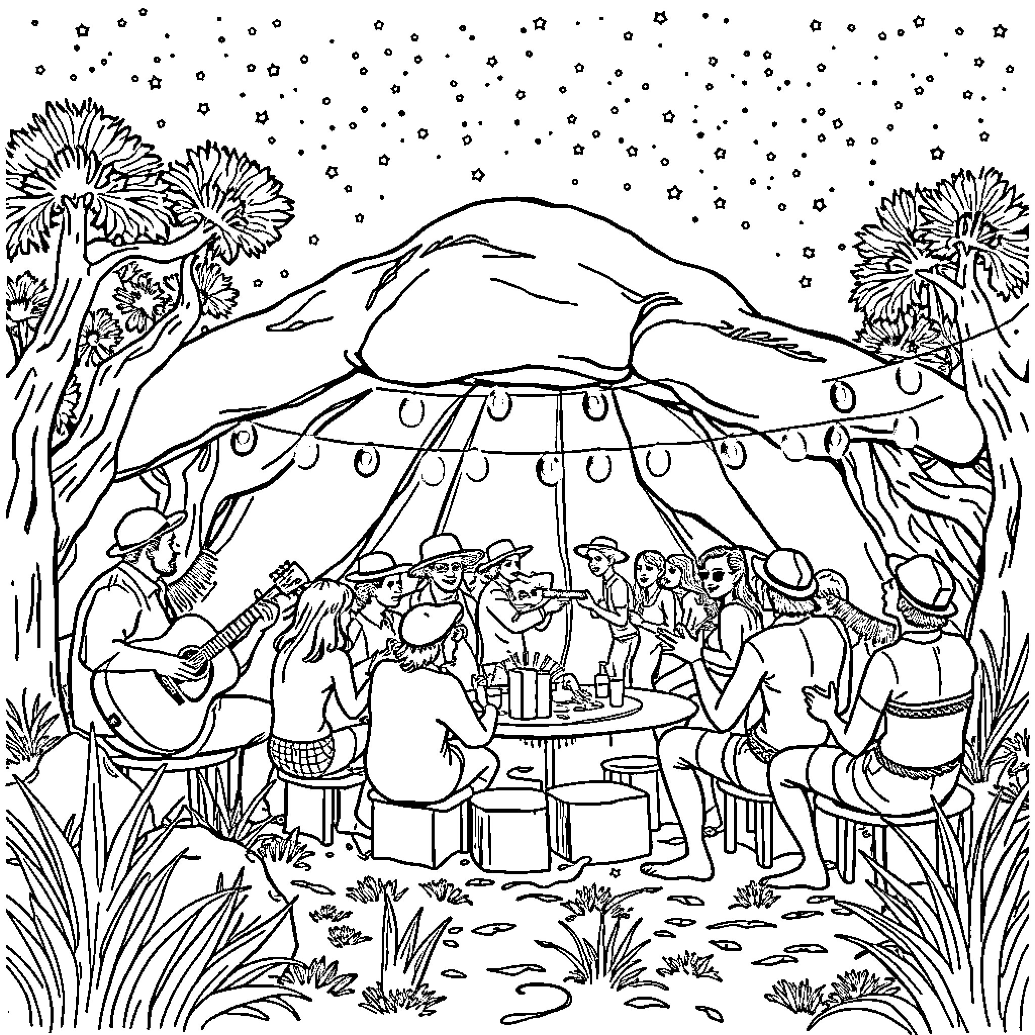 Bush Doof Under the Stars with Festive Crowd Coloring Page (free black-and-white line drawing printable PDF for all, from beginners to advanced learners, including children, teens, adults, and seniors)