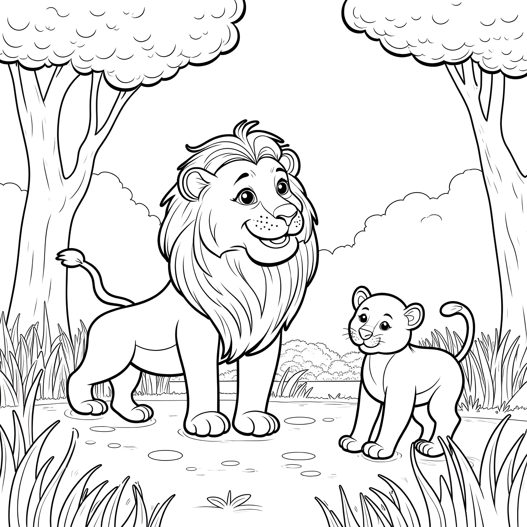 Lion and cub in the wild jungle Coloring Page (free black-and-white line drawing printable PDF for all, from beginners to advanced learners, including children, teens, adults, and seniors)