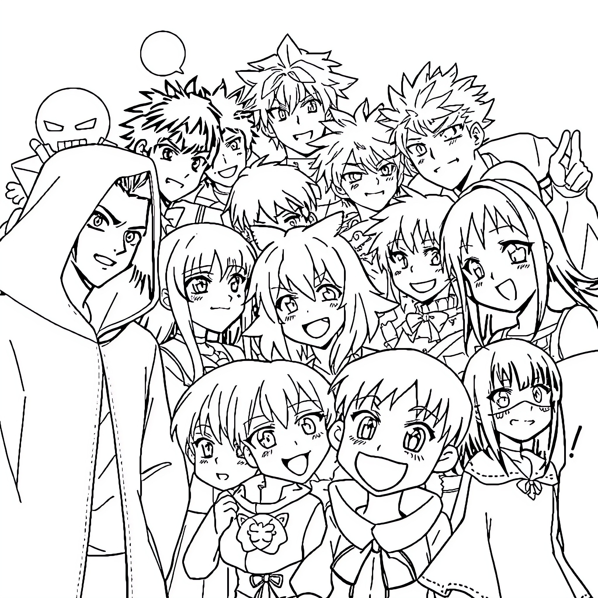 Anime Character Group Gathering with Expressions and Outfits Coloring Page (free black-and-white line drawing printable PDF for all, from beginners to advanced learners, including children, teens, adults, and seniors)