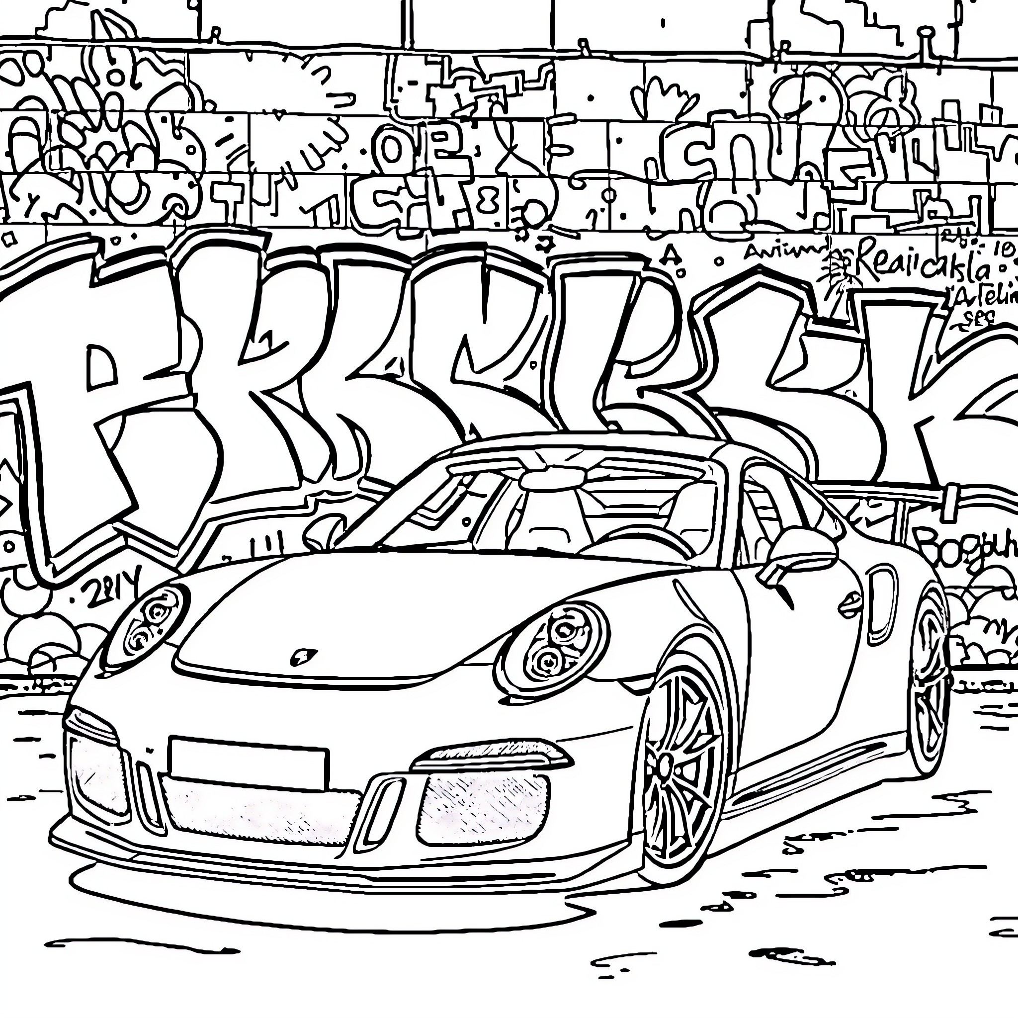 Porsche sports car in urban graffiti setting Coloring Page (free black-and-white line drawing printable PDF for all, from beginners to advanced learners, including children, teens, adults, and seniors)