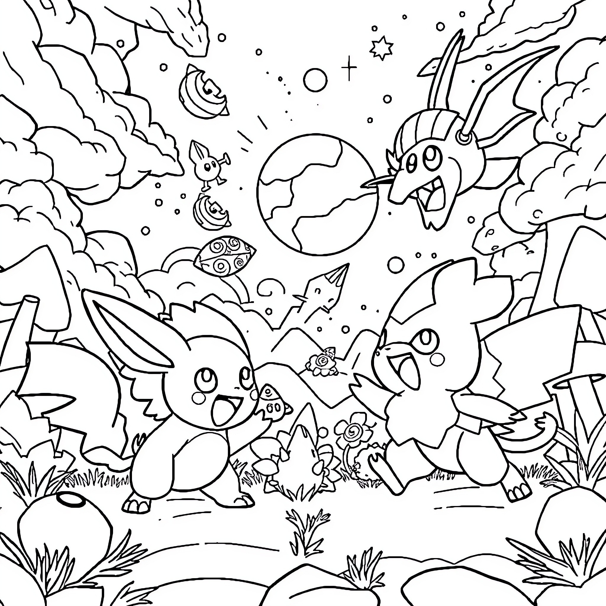 Pokémon Exploring the Cosmic Wonderland Coloring Page (free black-and-white line drawing printable PDF for all, from beginners to advanced learners, including children, teens, adults, and seniors)