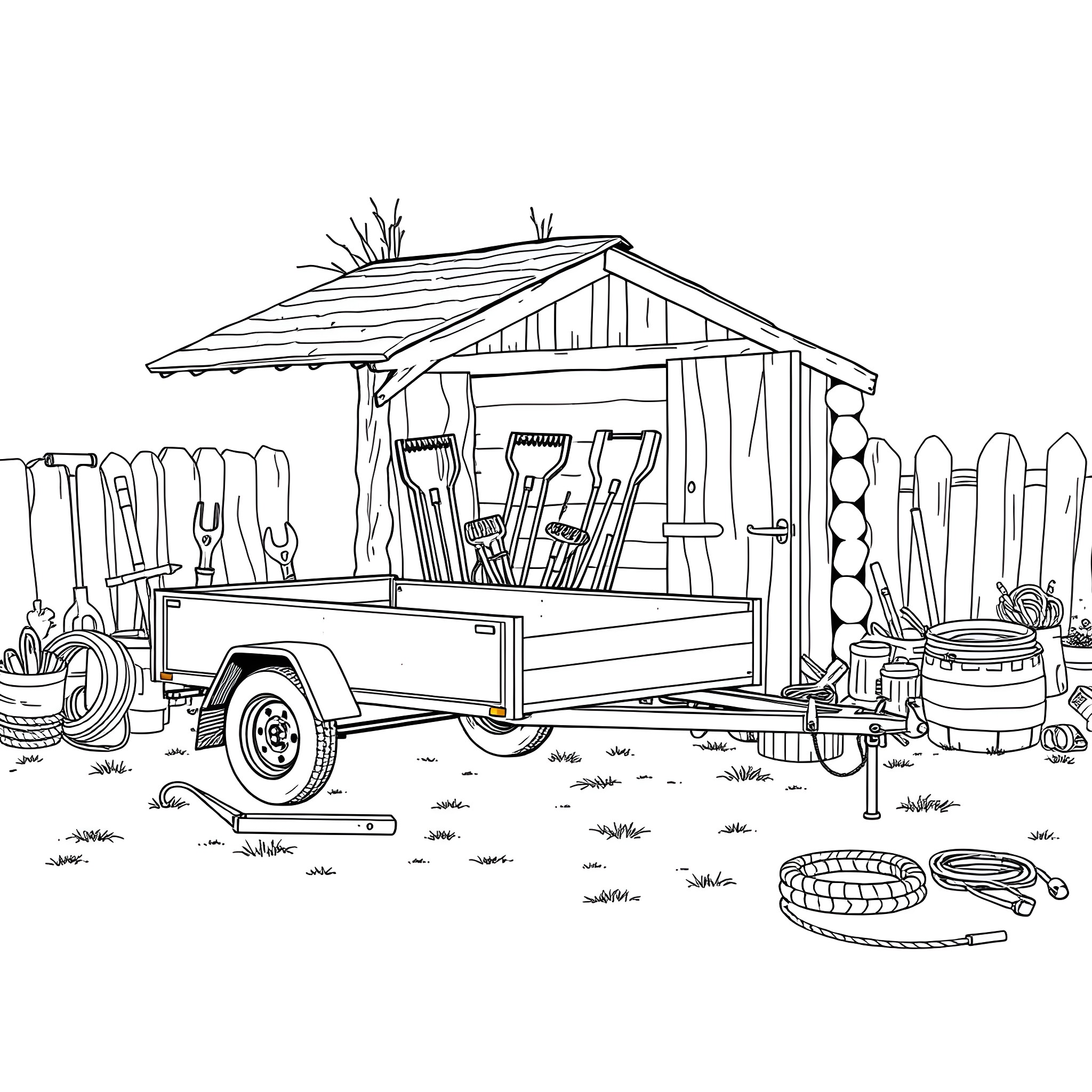 Utility Trailer with Gardening Tools and Equipment Coloring Page (free black-and-white line drawing printable PDF for all, from beginners to advanced learners, including children, teens, adults, and seniors)
