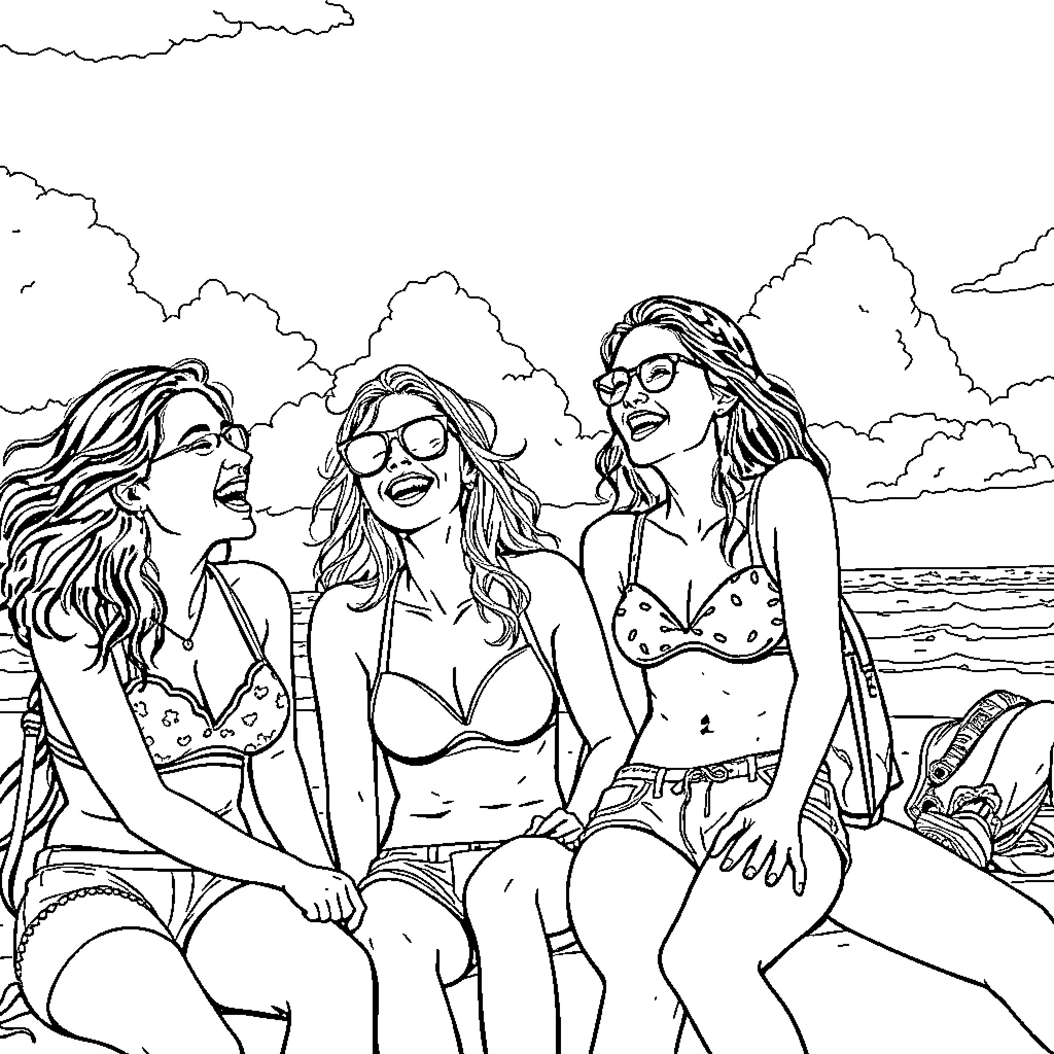 Teen girls enjoying the beach in summer Coloring Page (free black-and-white line drawing printable PDF for all, from beginners to advanced learners, including children, teens, adults, and seniors)