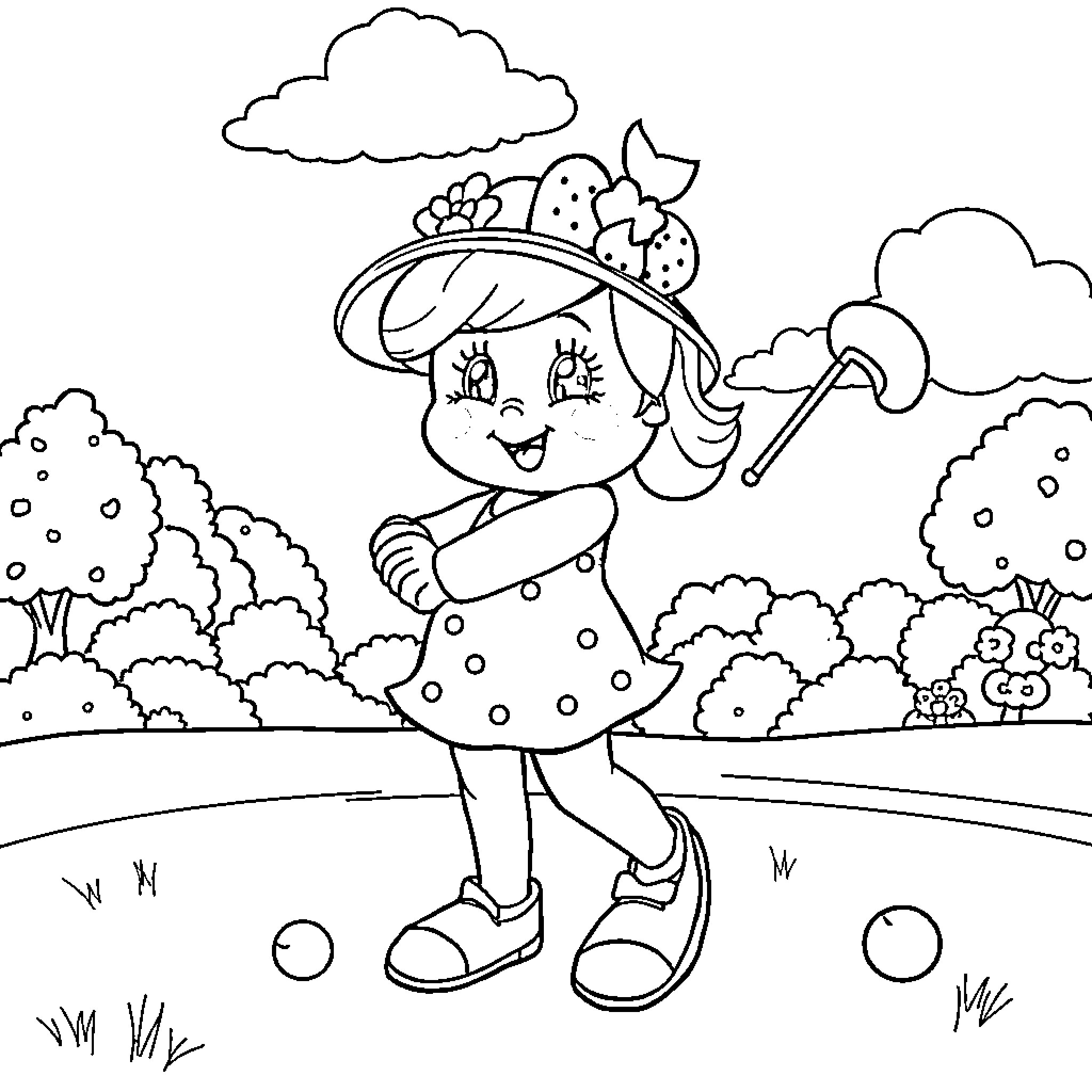 Strawberry Shortcake playing outdoors with flowers Coloring Page (free black-and-white line drawing printable PDF for all, from beginners to advanced learners, including children, teens, adults, and seniors)