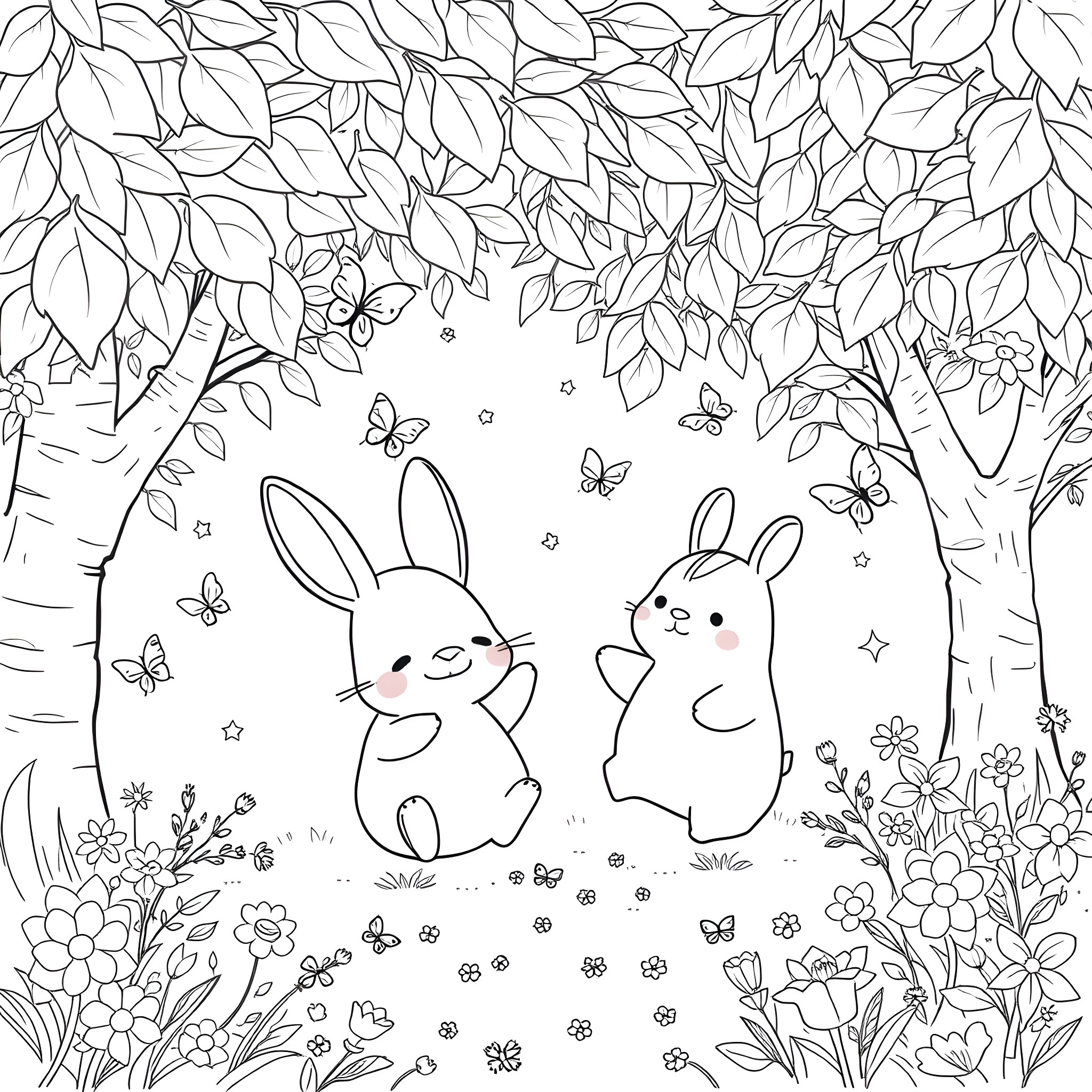 Cinnamoroll bunnies playing among the flowers and butterflies Coloring Page (free black-and-white line drawing printable PDF for all, from beginners to advanced learners, including children, teens, adults, and seniors)