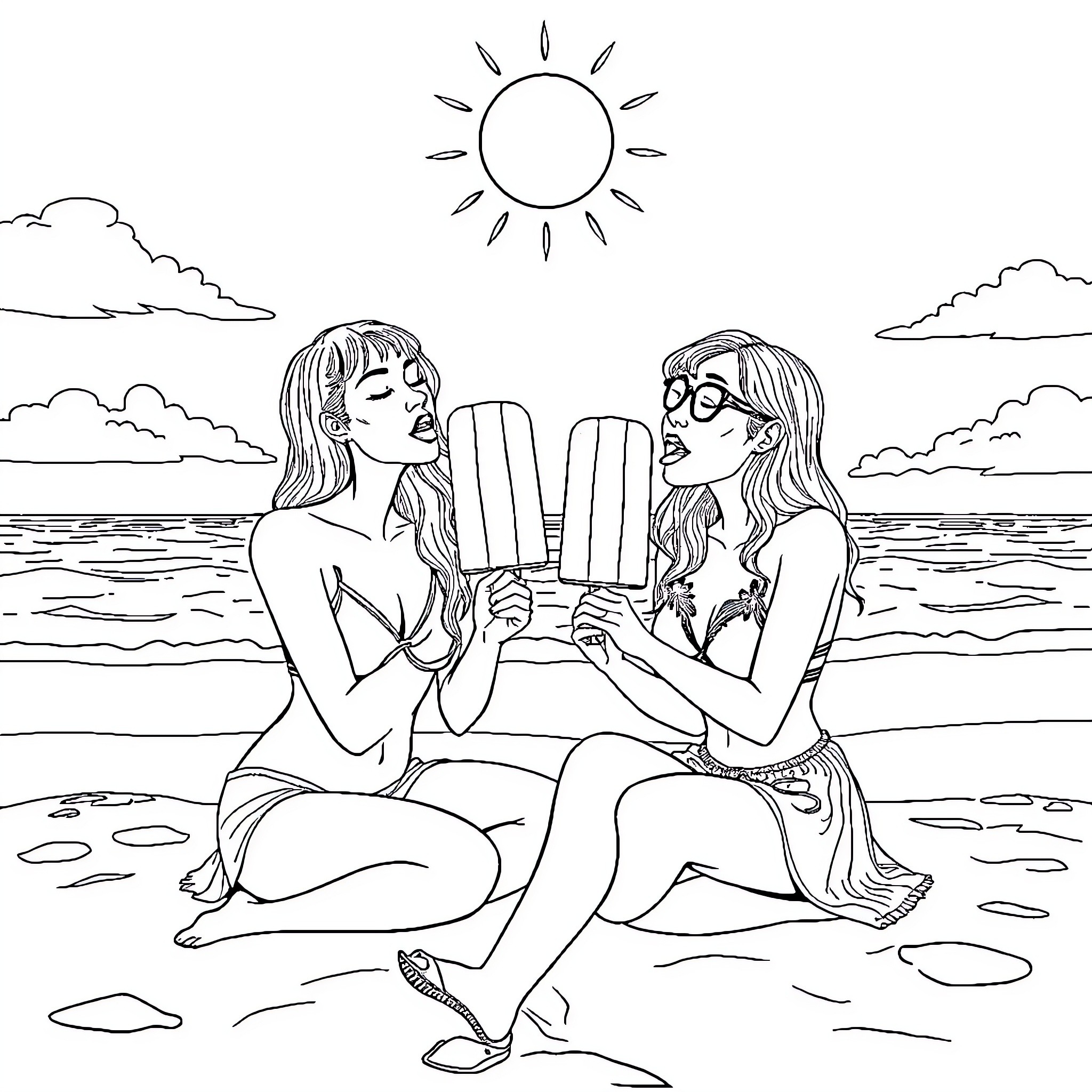 Women relaxing and enjoying summer by the beach Coloring Page (free black-and-white line drawing printable PDF for all, from beginners to advanced learners, including children, teens, adults, and seniors)
