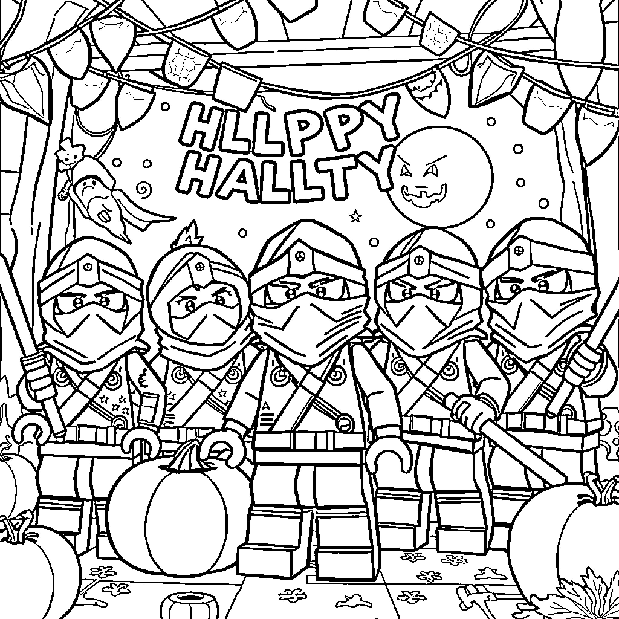 Ninjago Halloween Celebration with Ninja Warriors Coloring Page (free black-and-white line drawing printable PDF for all, from beginners to advanced learners, including children, teens, adults, and seniors)