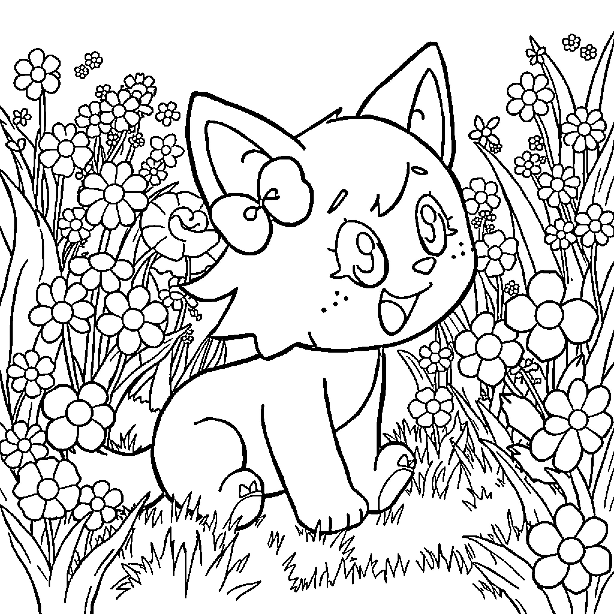 Kuromi playing in a floral wonderland Coloring Page (free black-and-white line drawing printable PDF for all, from beginners to advanced learners, including children, teens, adults, and seniors)
