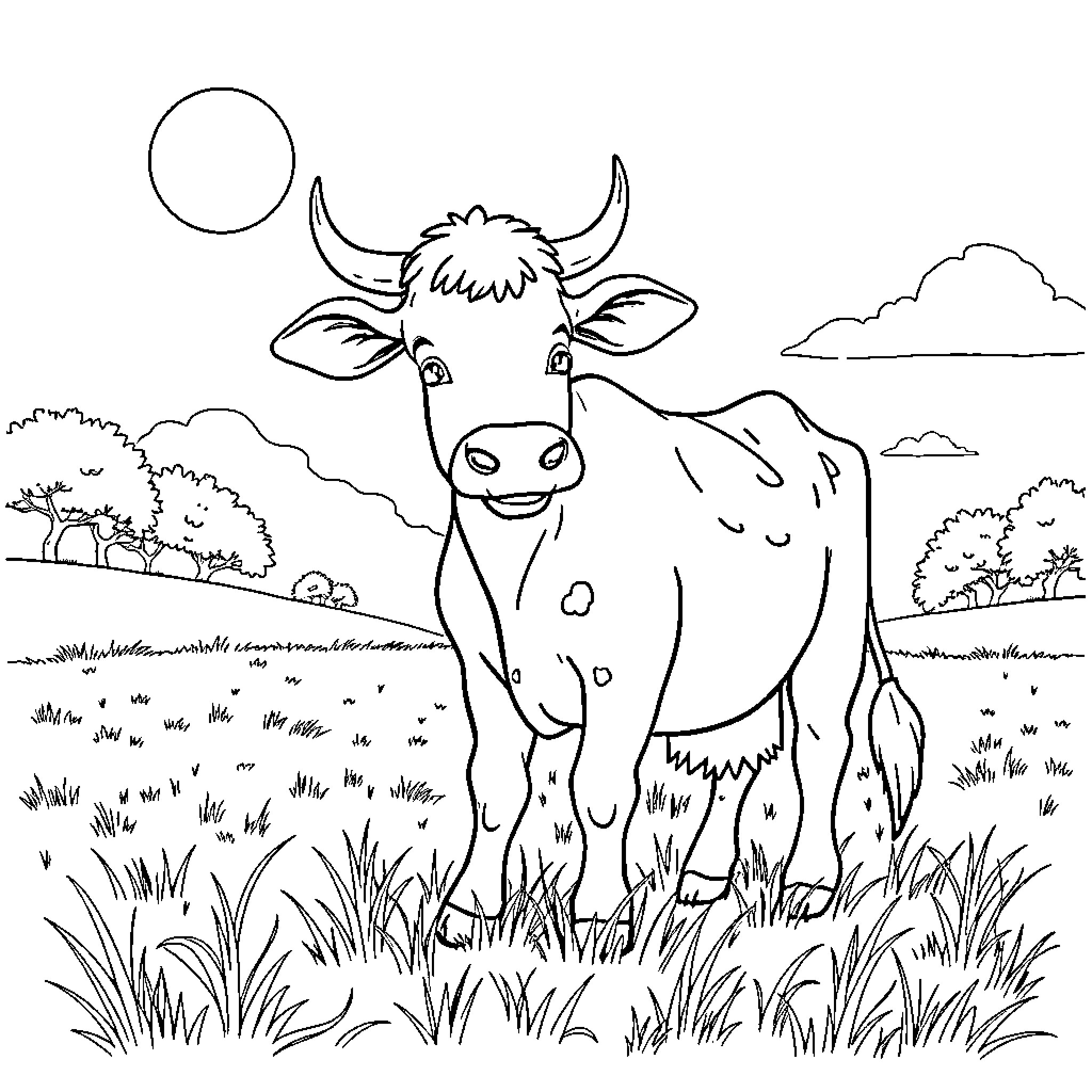 Cow Grazing Happily in Pastoral Field Coloring Page (free black-and-white line drawing printable PDF for all, from beginners to advanced learners, including children, teens, adults, and seniors)