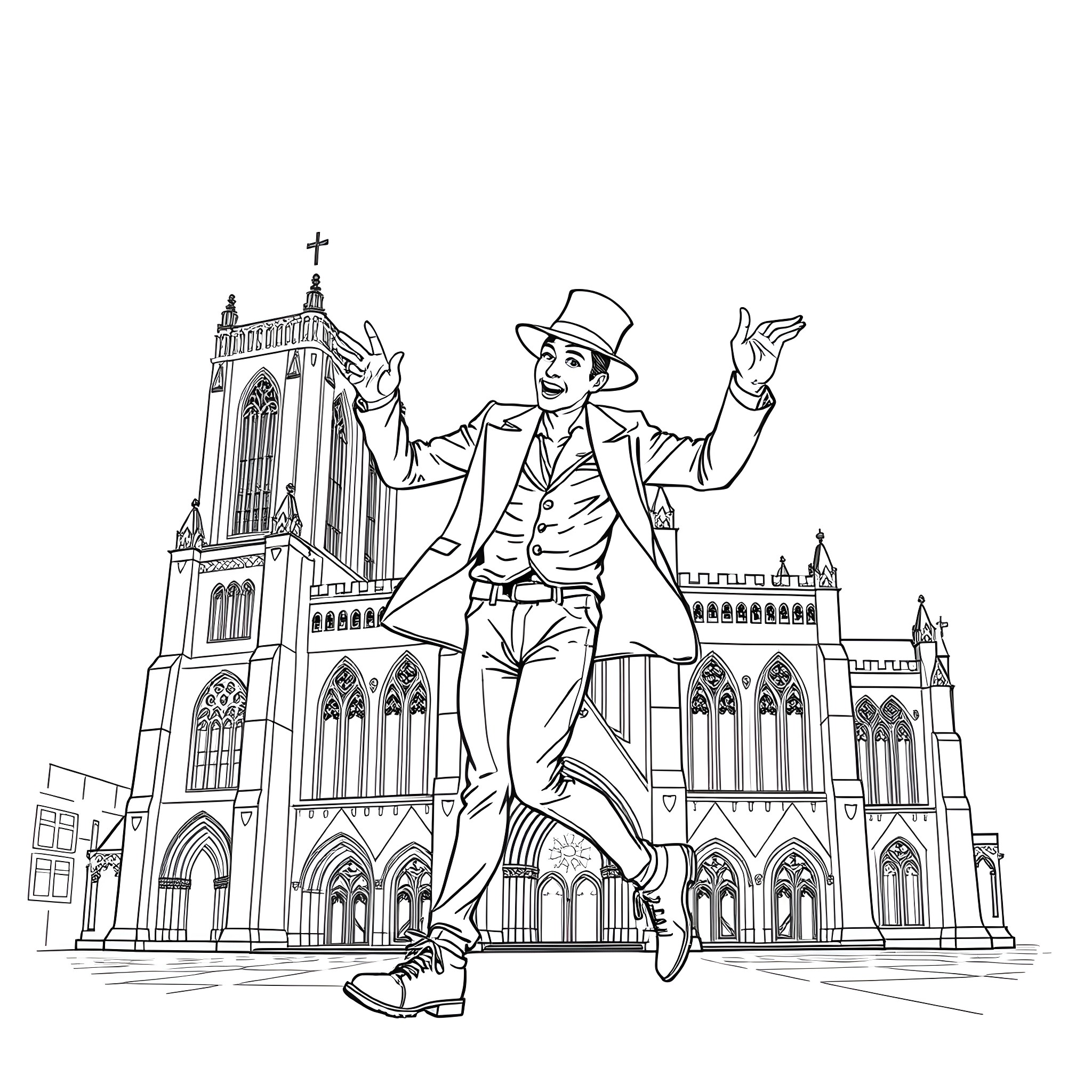 Rudeboy celebrates joyfully in front of grand cathedral Coloring Page (free black-and-white line drawing printable PDF for all, from beginners to advanced learners, including children, teens, adults, and seniors)
