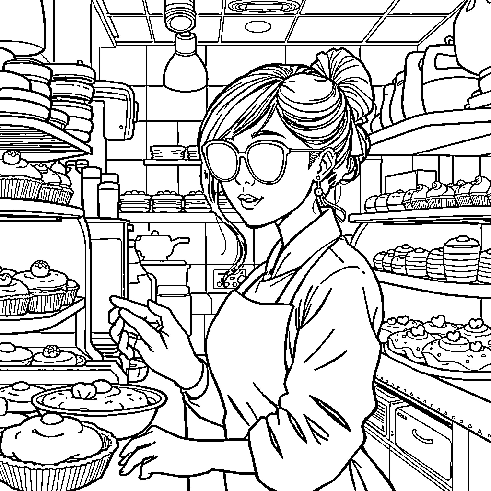 Girl browsing delectable treats in the bakery Coloring Page (free black-and-white line drawing printable PDF for all, from beginners to advanced learners, including children, teens, adults, and seniors)