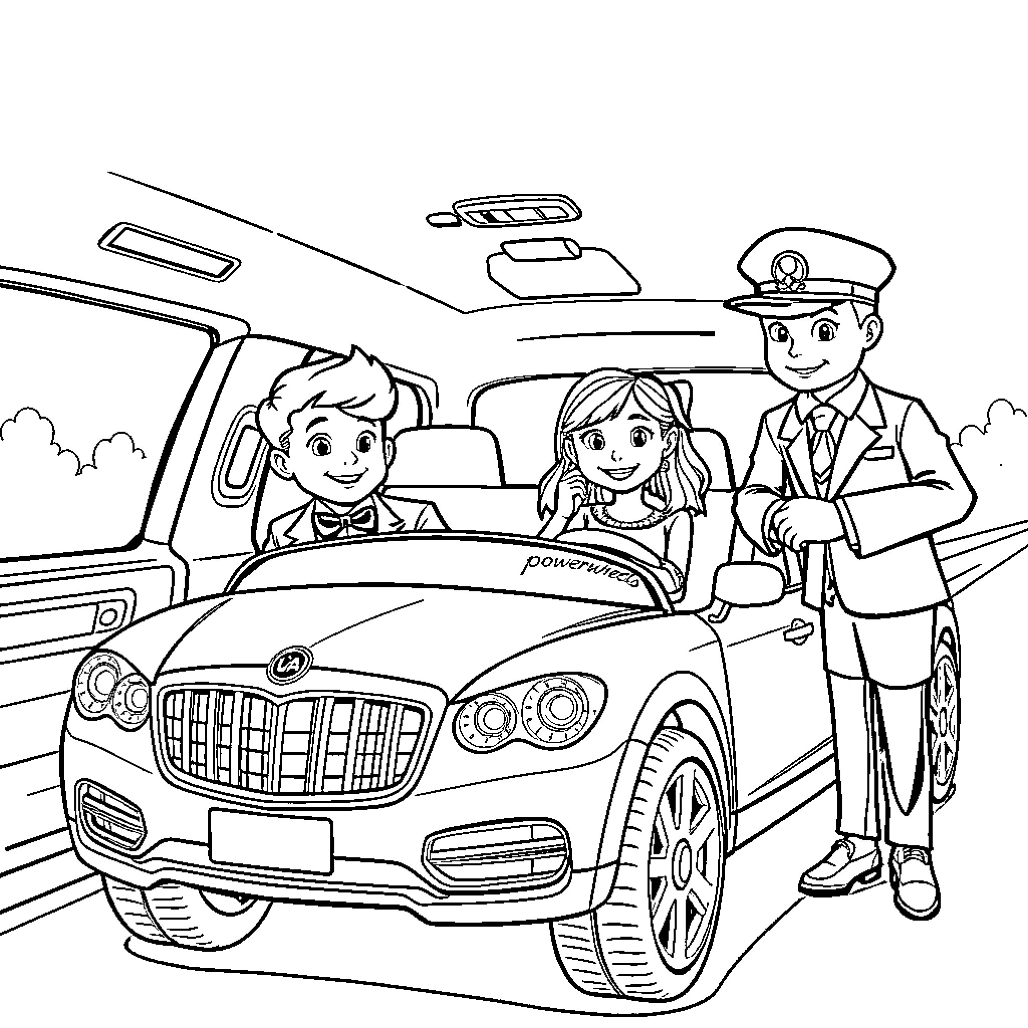 Child in car with police officer Coloring Page (free black-and-white line drawing printable PDF for all, from beginners to advanced learners, including children, teens, adults, and seniors)