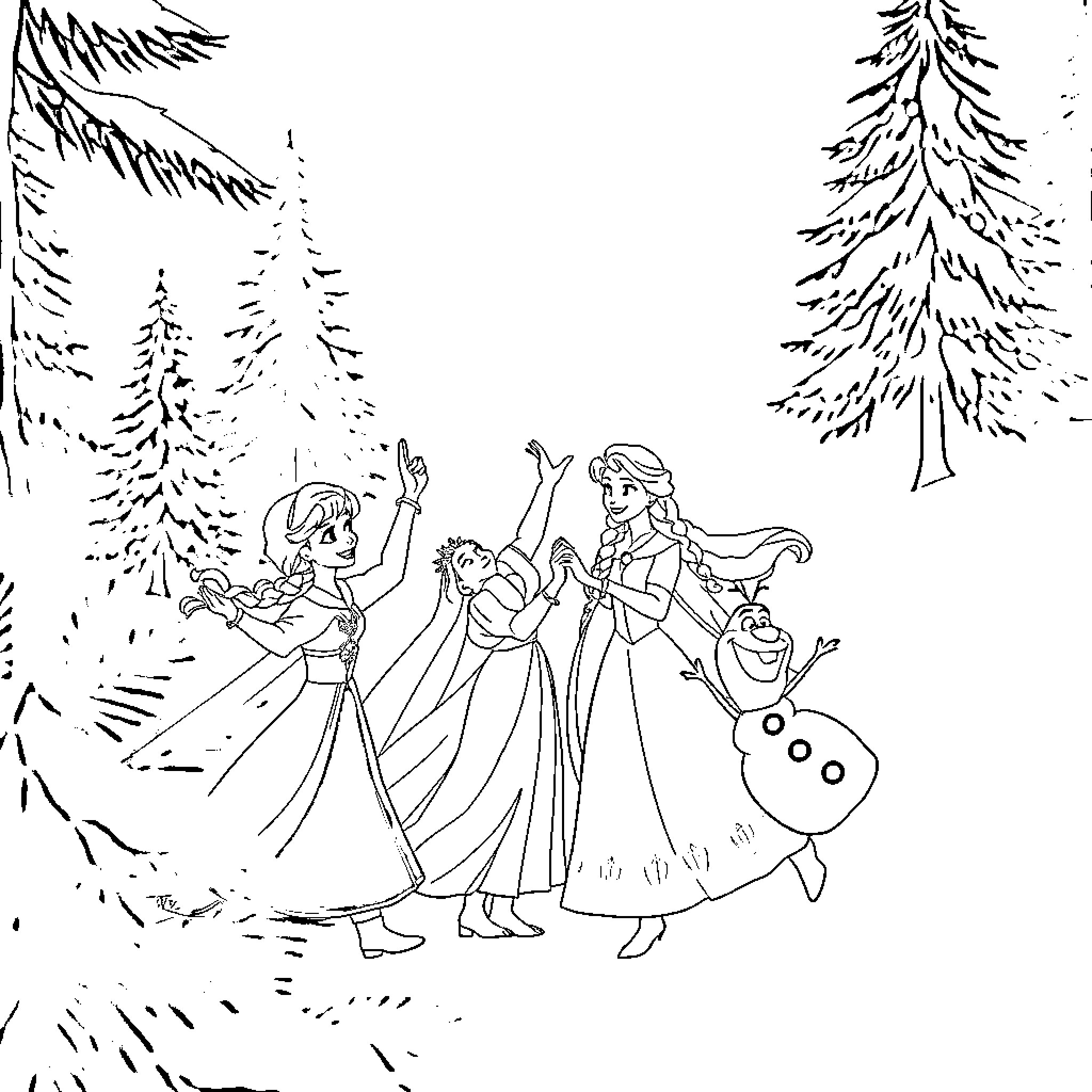 Elsa and friends enjoying winter adventure Coloring Page (free black-and-white line drawing printable PDF for all, from beginners to advanced learners, including children, teens, adults, and seniors)