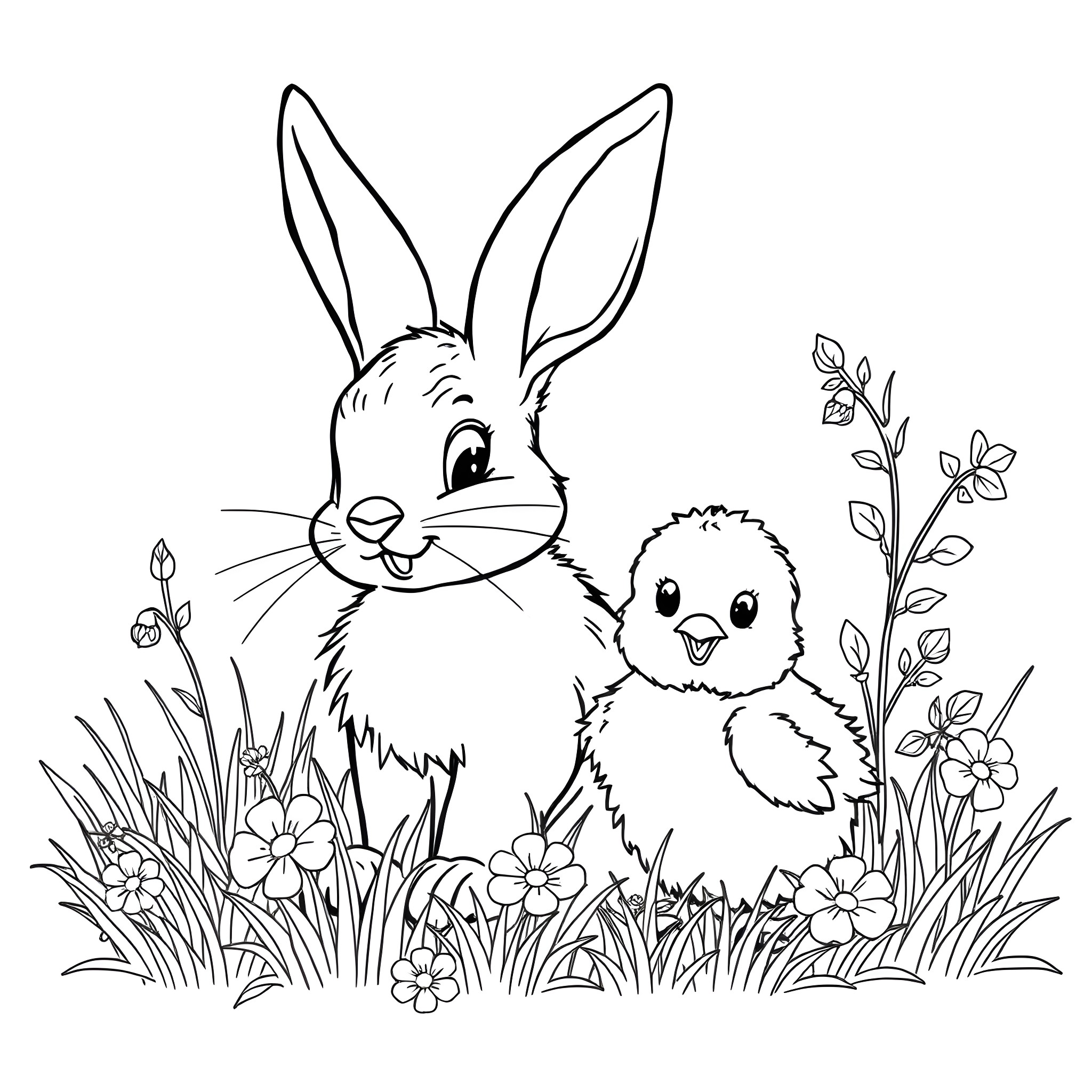 Bunny and chick playing in a floral meadow Coloring Page (free black-and-white line drawing printable PDF for all, from beginners to advanced learners, including children, teens, adults, and seniors)