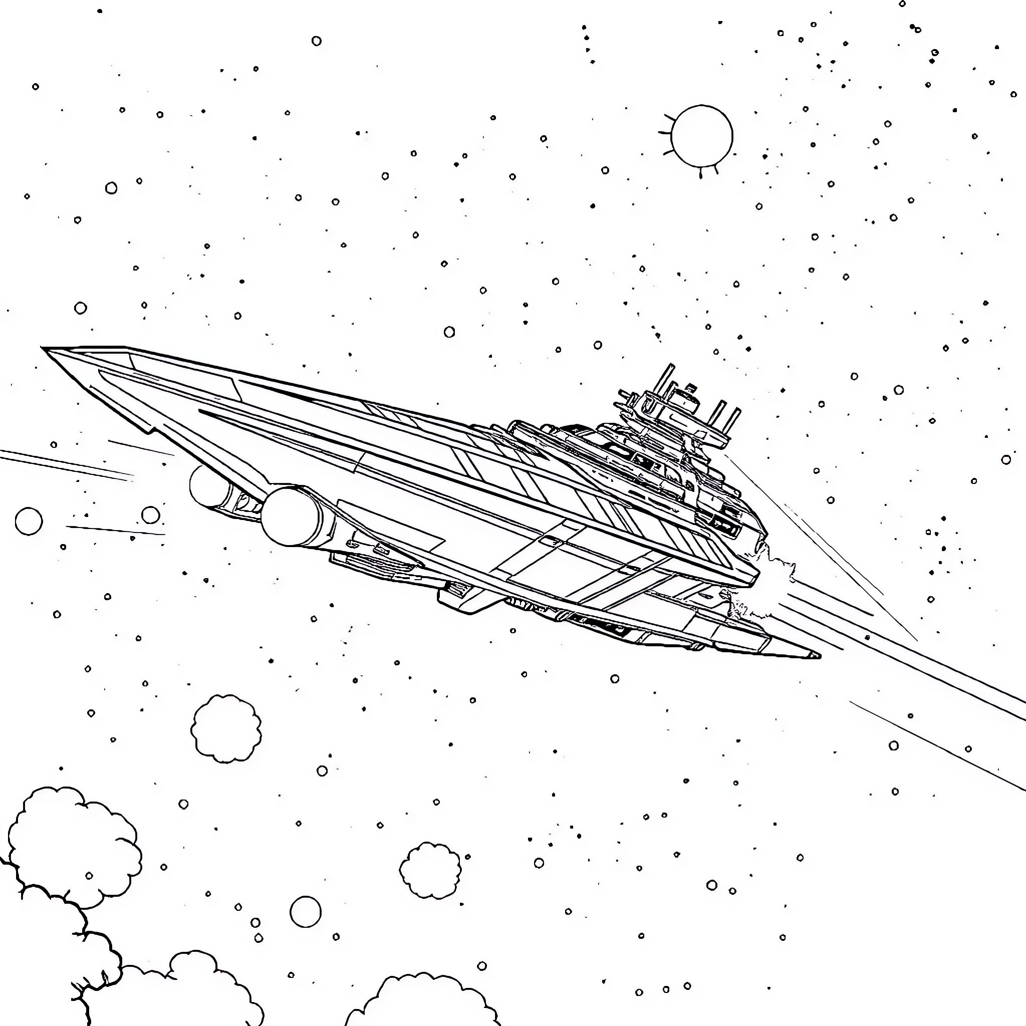 Imperial Destroyer soaring through the cosmic expanse Coloring Page (free black-and-white line drawing printable PDF for all, from beginners to advanced learners, including children, teens, adults, and seniors)