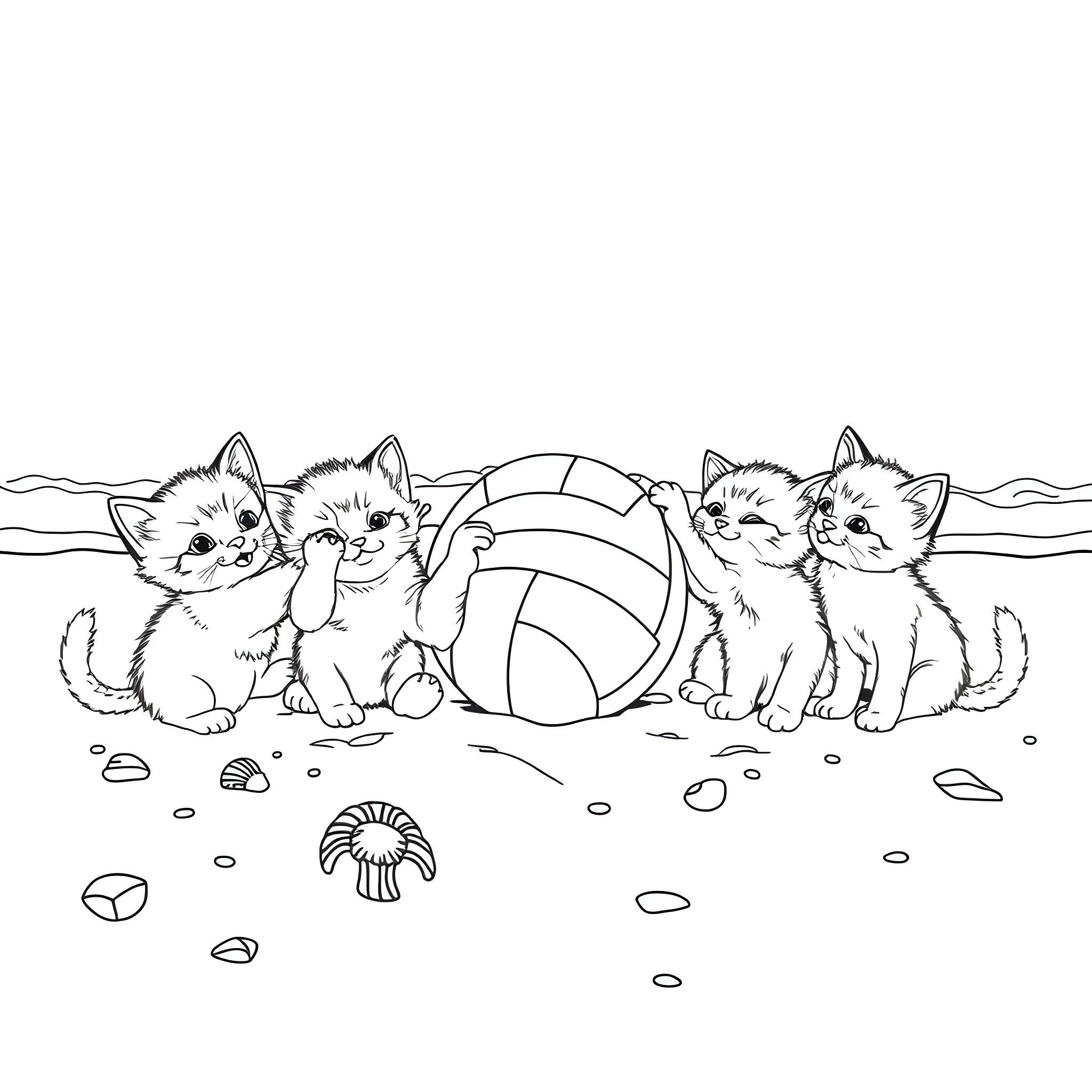 Kittens playing with beach ball on the shore Coloring Page (free black-and-white line drawing printable PDF for all, from beginners to advanced learners, including children, teens, adults, and seniors)