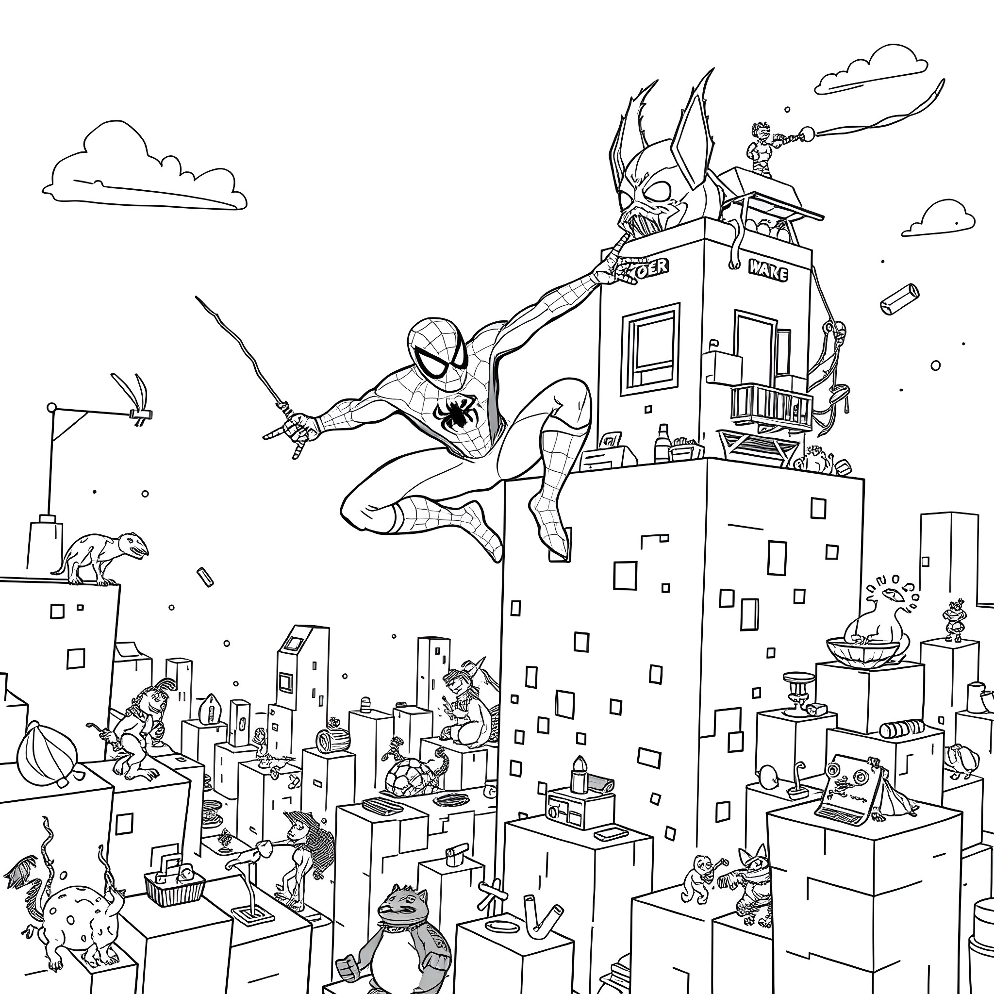 Spiderman swinging through the city with action and adventure Coloring Page (free black-and-white line drawing printable PDF for all, from beginners to advanced learners, including children, teens, adults, and seniors)