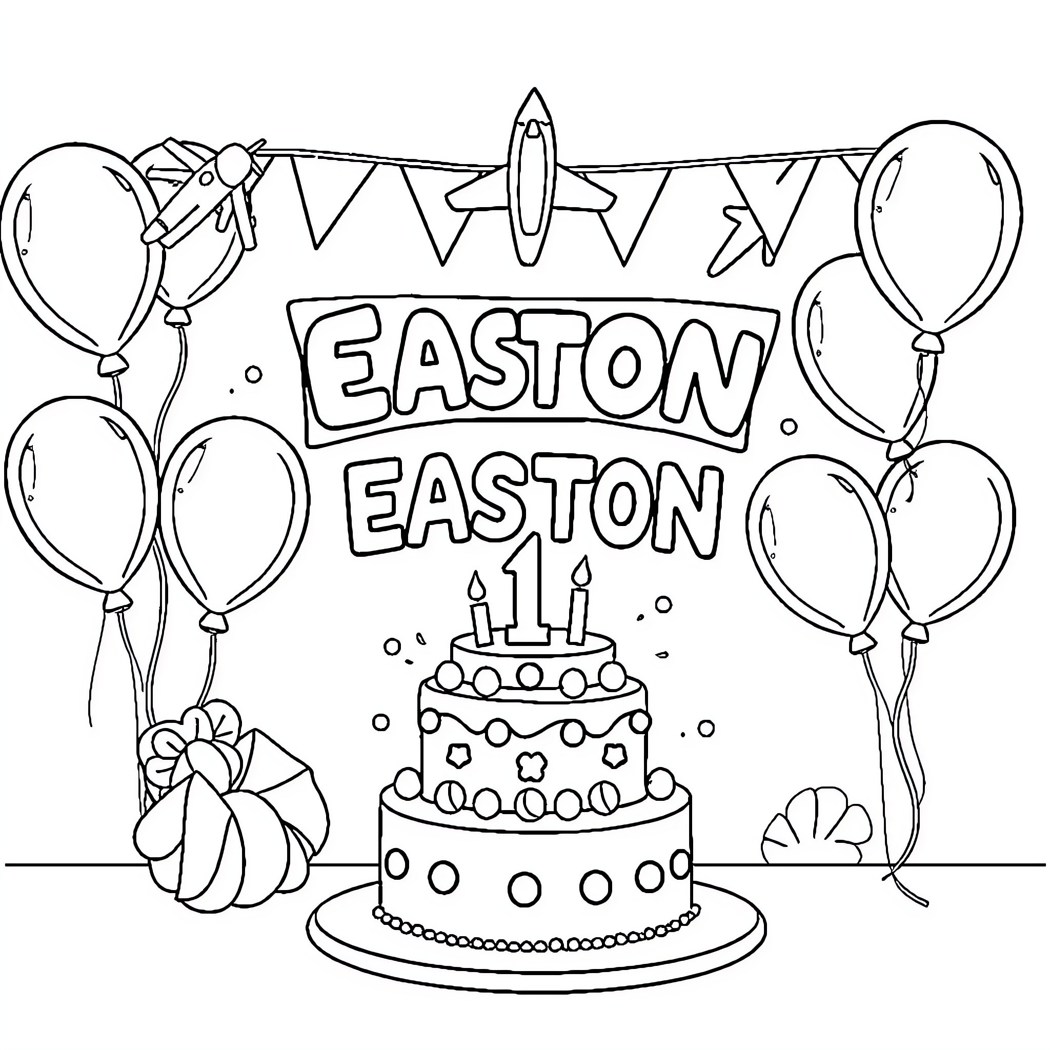 Airplane Birthday Celebration with Decorations Coloring Page (free black-and-white line drawing printable PDF for all, from beginners to advanced learners, including children, teens, adults, and seniors)