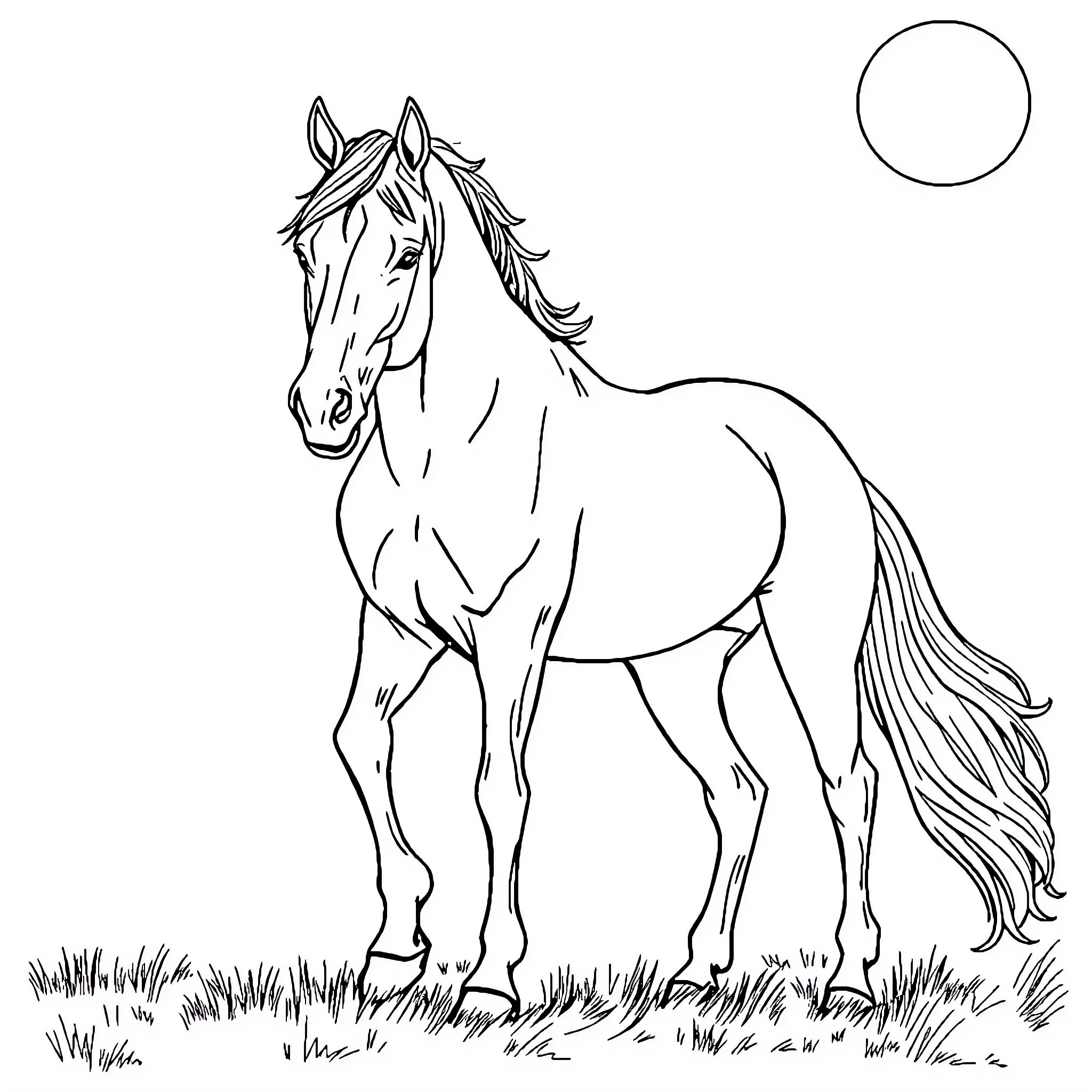 Arabian Horse Standing Tall in the Moonlight Coloring Page (free black-and-white line drawing printable PDF for all, from beginners to advanced learners, including children, teens, adults, and seniors)