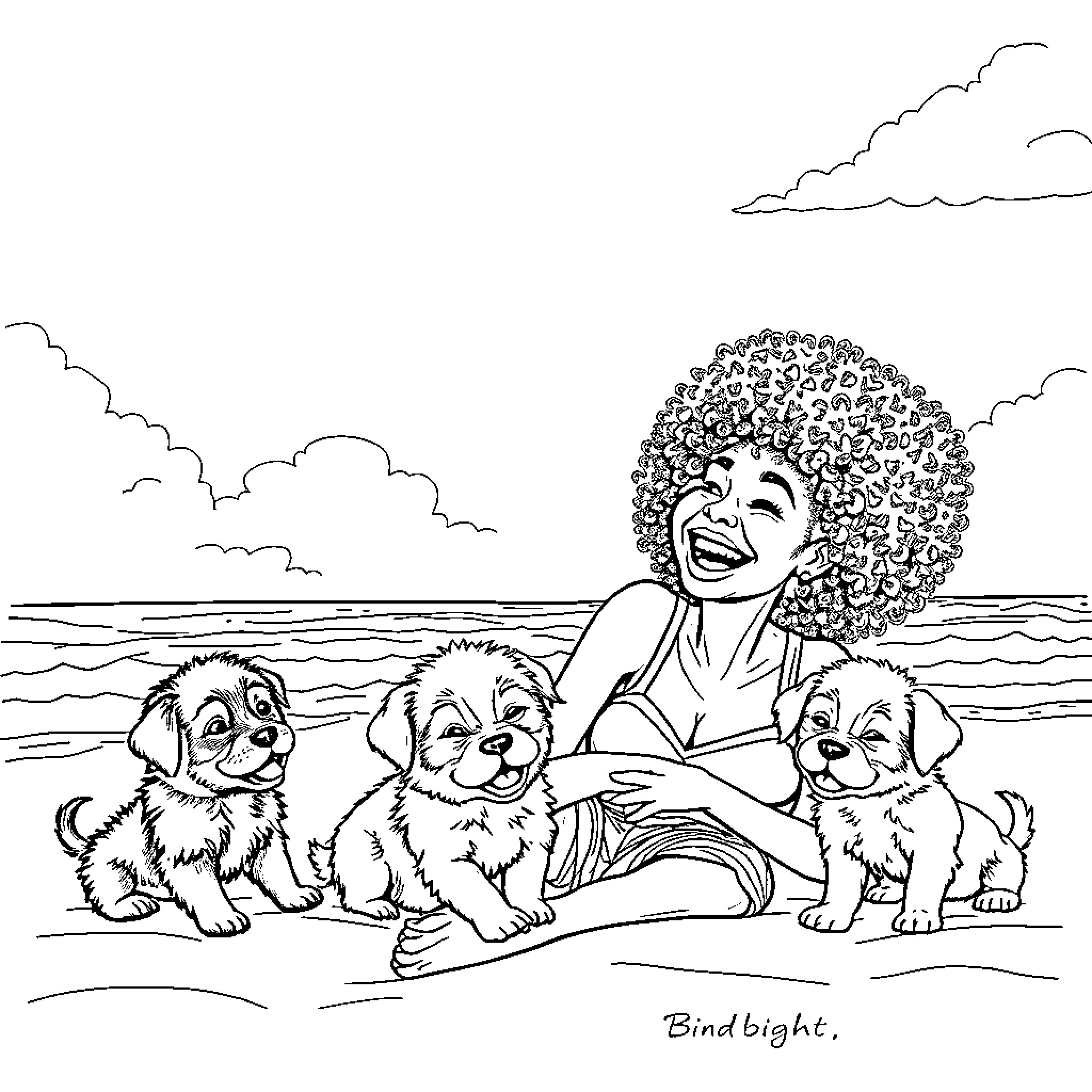Woman joyfully surrounded by playful puppies at the beach Coloring Page (free black-and-white line drawing printable PDF for all, from beginners to advanced learners, including children, teens, adults, and seniors)