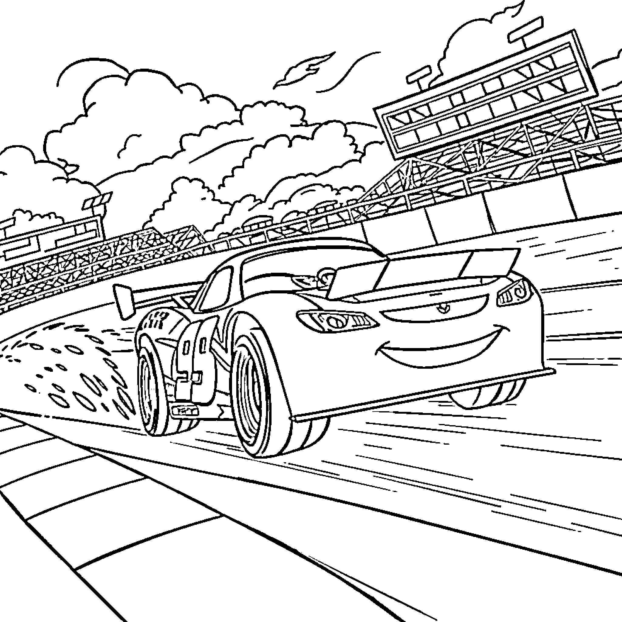 Dale Jr. Races on the Track in Speed Coloring Page (free black-and-white line drawing printable PDF for all, from beginners to advanced learners, including children, teens, adults, and seniors)