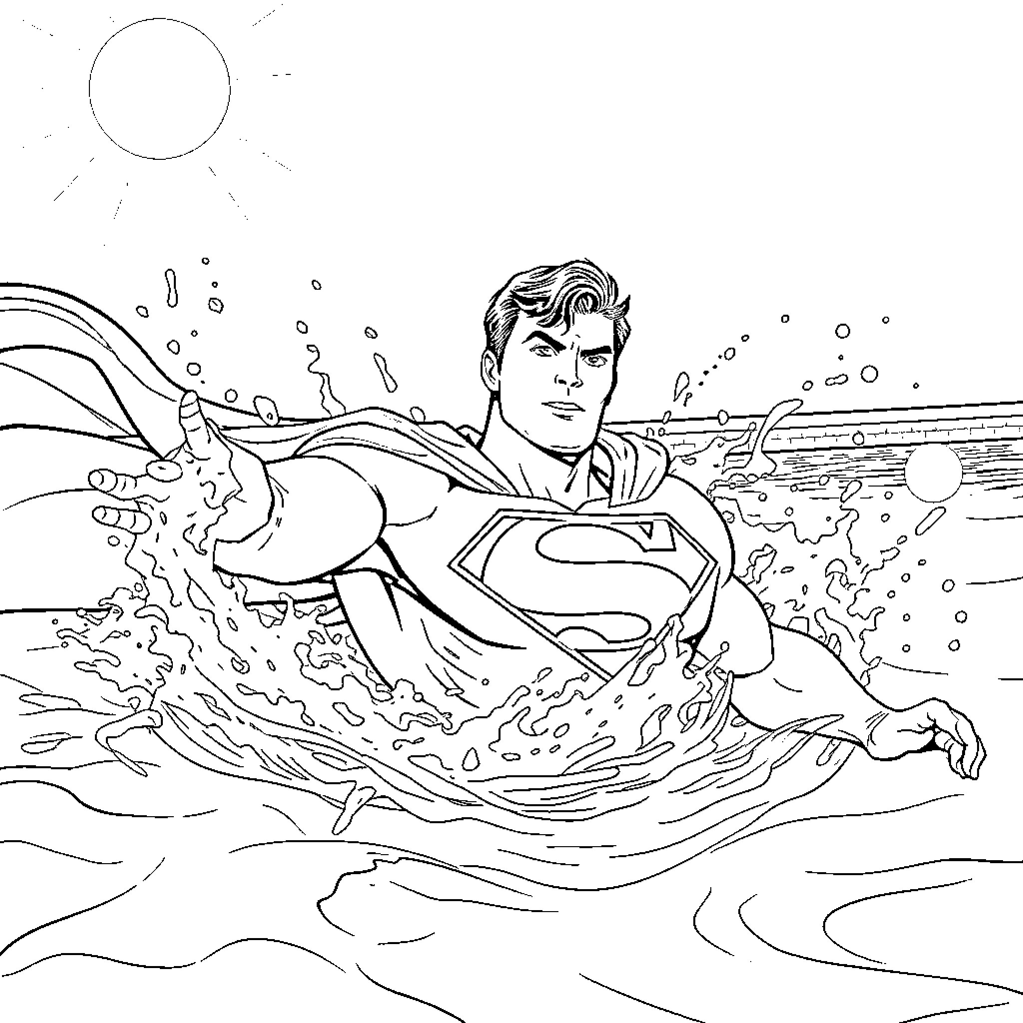 Superman rescuing someone from a dangerous situation Coloring Page (free black-and-white line drawing printable PDF for all, from beginners to advanced learners, including children, teens, adults, and seniors)