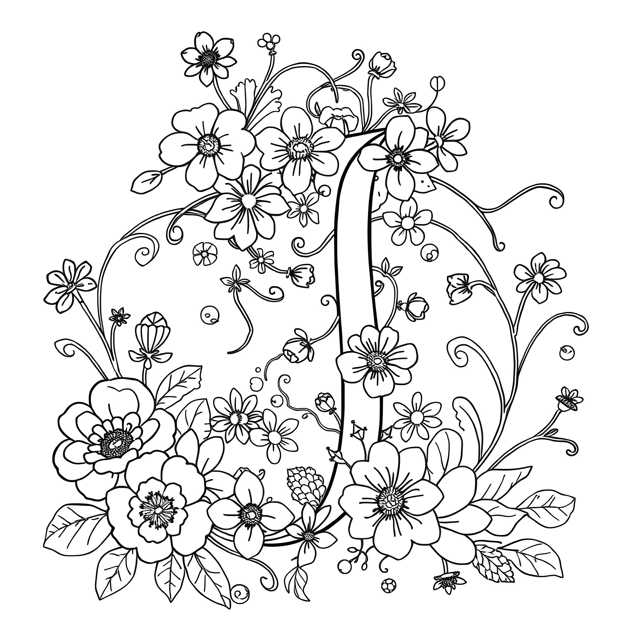 Letter J Floral Bouquet with Swirls Coloring Page (free black-and-white line drawing printable PDF for all, from beginners to advanced learners, including children, teens, adults, and seniors)