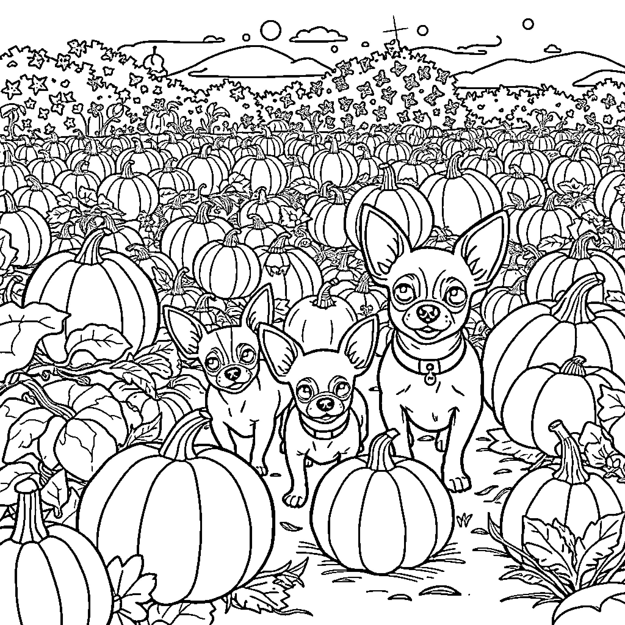 Chihuahuas exploring a pumpkin patch Coloring Page (free black-and-white line drawing printable PDF for all, from beginners to advanced learners, including children, teens, adults, and seniors)