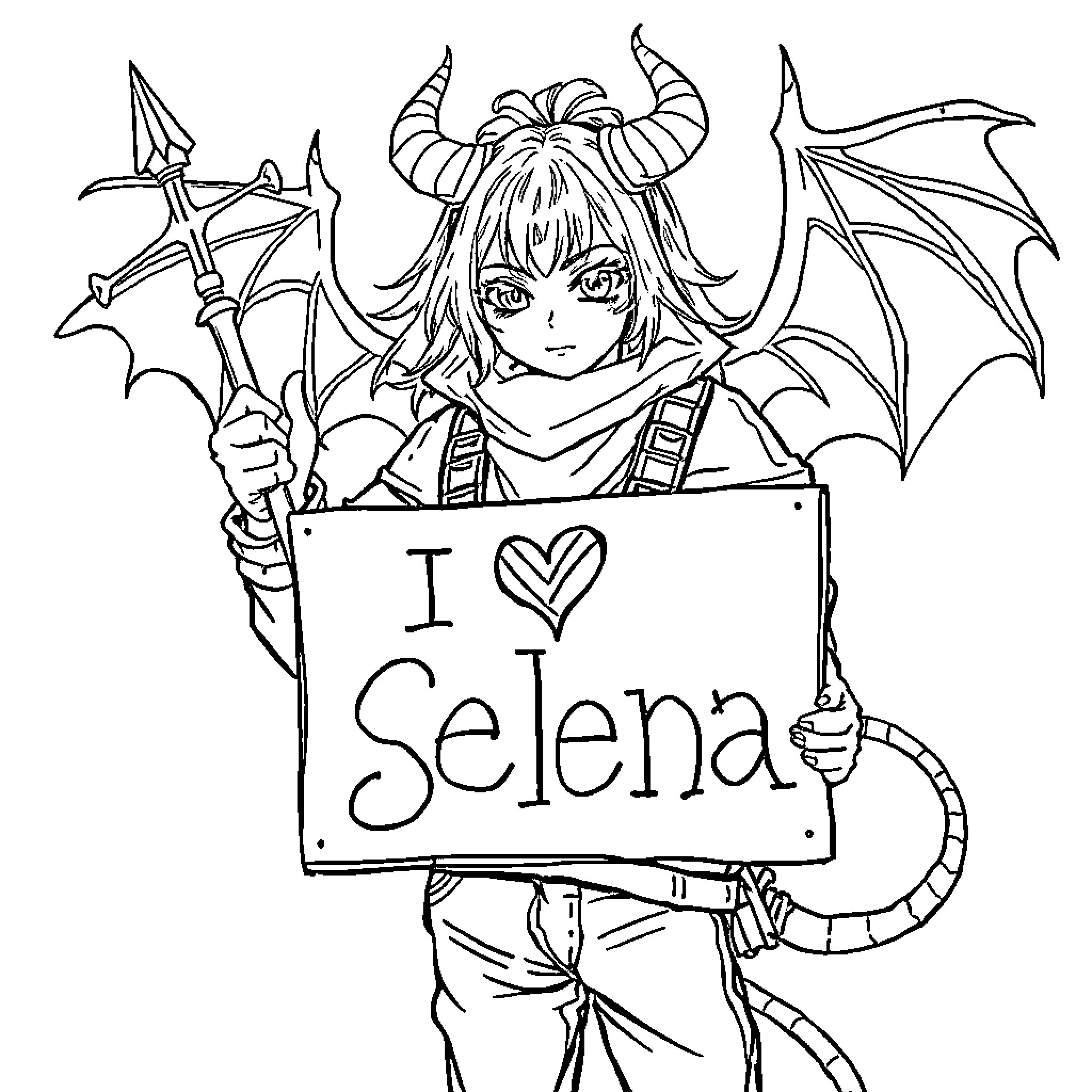 Kpop Demon Hunter holding a fan sign with wings Coloring Page (free black-and-white line drawing printable PDF for all, from beginners to advanced learners, including children, teens, adults, and seniors)