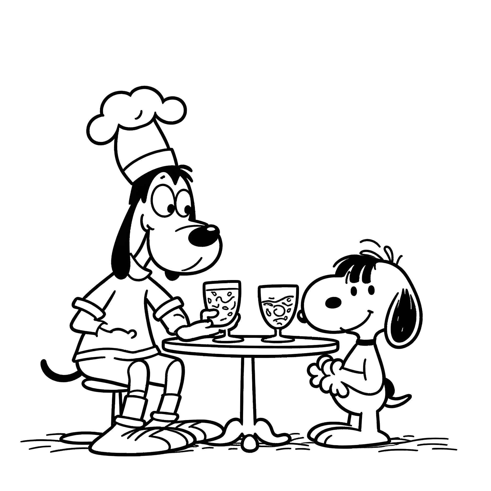 Goofy chef serving drinks to a dog companion Coloring Page (free black-and-white line drawing printable PDF for all, from beginners to advanced learners, including children, teens, adults, and seniors)