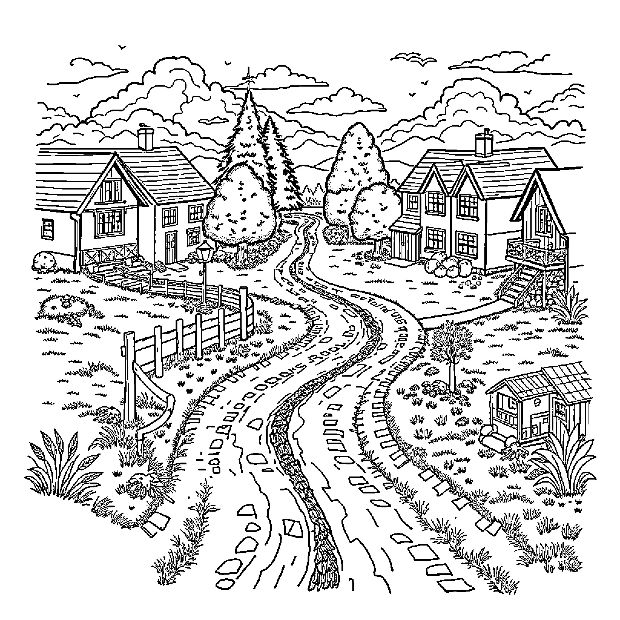 Dirt Rod Through Quaint Country Town Coloring Page (free black-and-white line drawing printable PDF for all, from beginners to advanced learners, including children, teens, adults, and seniors)