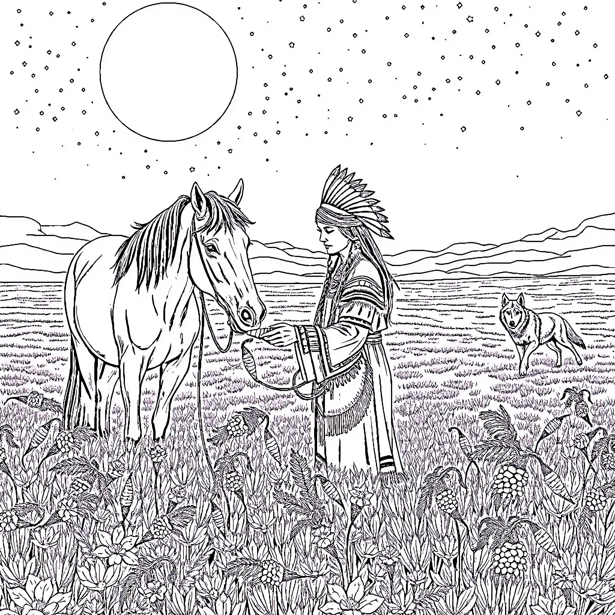 Woman interacting with a horse in a natural setting Coloring Page (free black-and-white line drawing printable PDF for all, from beginners to advanced learners, including children, teens, adults, and seniors)