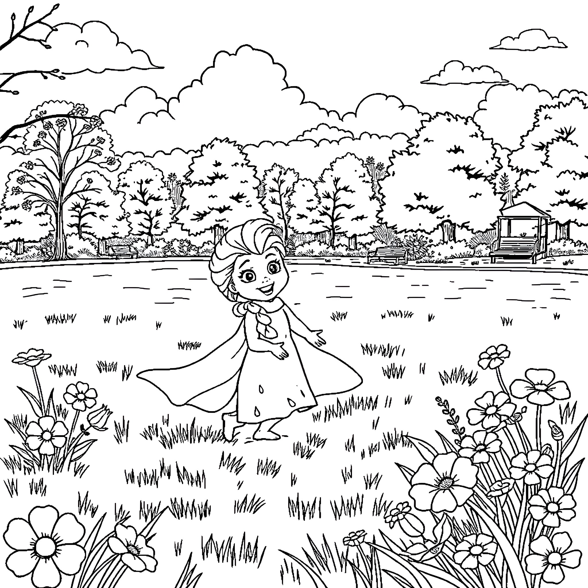 Elsa exploring the enchanted forest Coloring Page (free black-and-white line drawing printable PDF for all, from beginners to advanced learners, including children, teens, adults, and seniors)