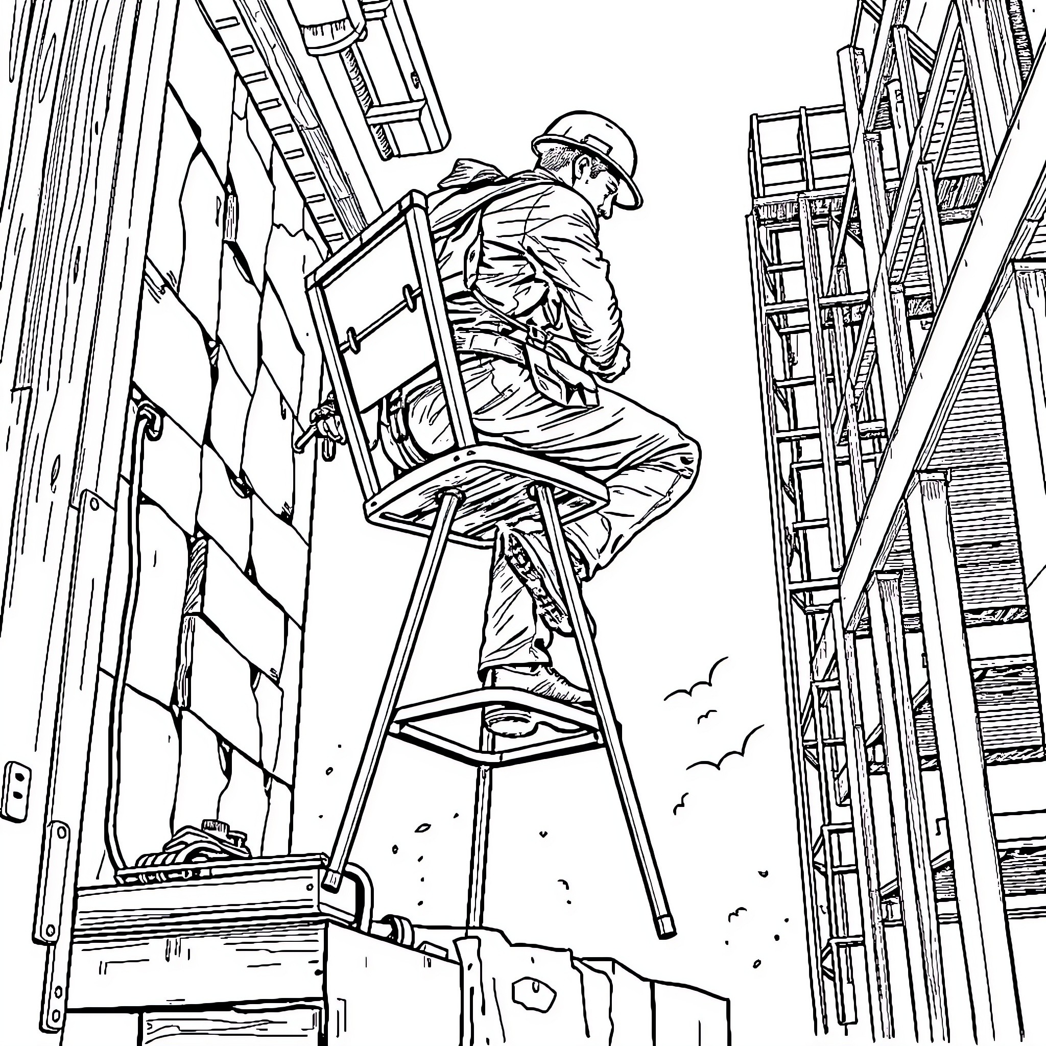 Construction Worker Perched on Scaffolding Inspecting the Site Coloring Page (free black-and-white line drawing printable PDF for all, from beginners to advanced learners, including children, teens, adults, and seniors)