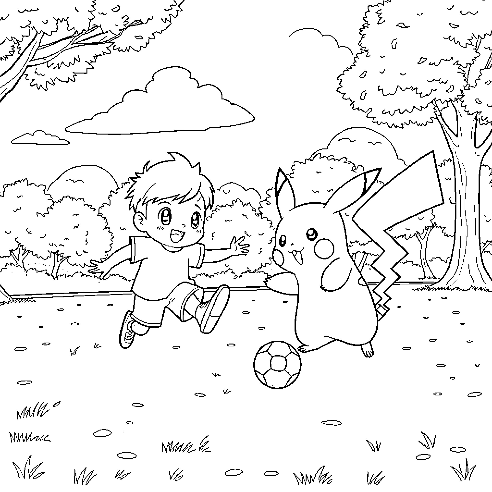 Tung Tung Sahur: Boy and Pikachu Playing Soccer in the Park Coloring Page (free black-and-white line drawing printable PDF for all, from beginners to advanced learners, including children, teens, adults, and seniors)