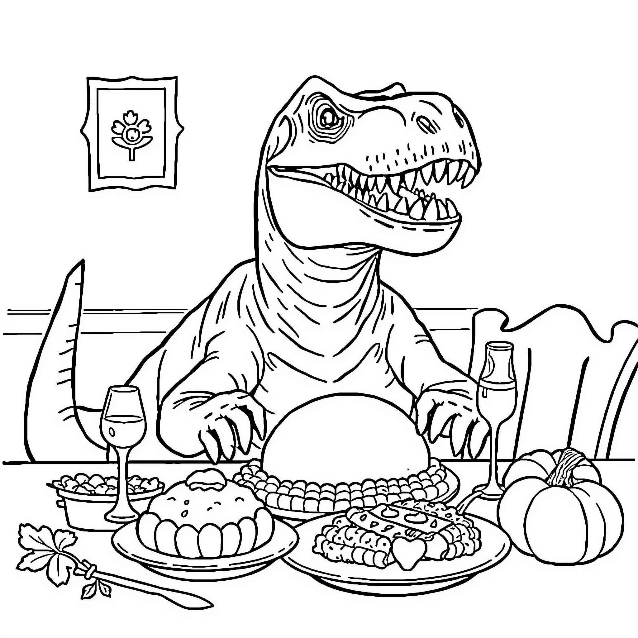 T-Rex enjoying Thanksgiving feast Coloring Page (free black-and-white line drawing printable PDF for all, from beginners to advanced learners, including children, teens, adults, and seniors)