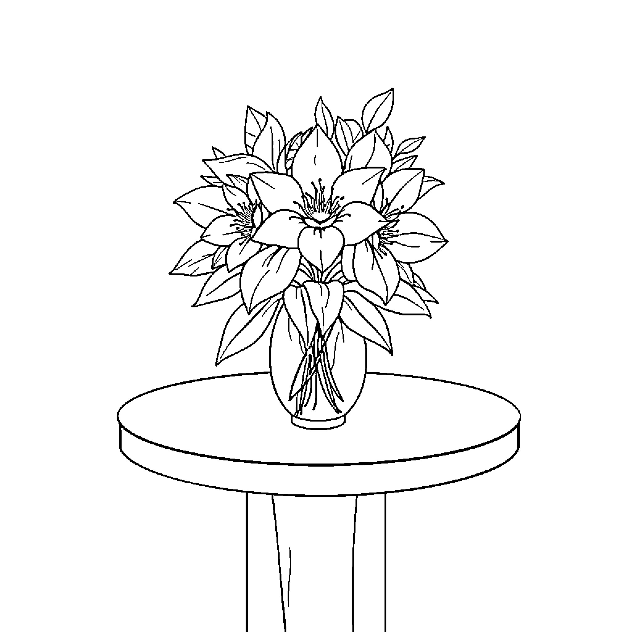 Flower bouquet in vase on a table Coloring Page (free black-and-white line drawing printable PDF for all, from beginners to advanced learners, including children, teens, adults, and seniors)