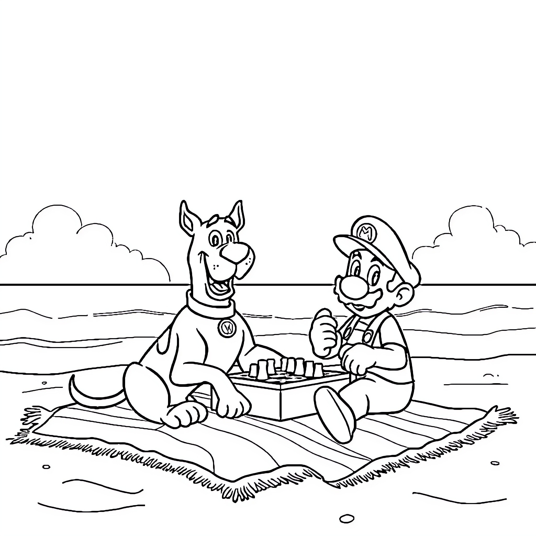 Scooby Doo and Mario playing chess on a beach Coloring Page (free black-and-white line drawing printable PDF for all, from beginners to advanced learners, including children, teens, adults, and seniors)