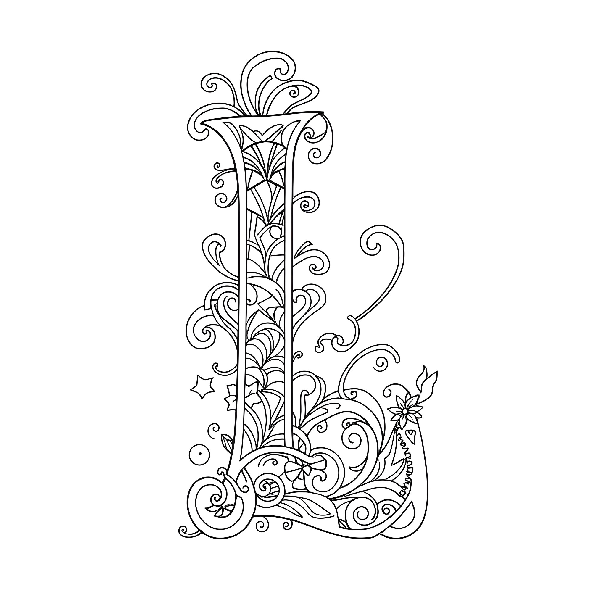 Lively Floral Patterns and Curvy Designs Coloring Page (free black-and-white line drawing printable PDF for all, from beginners to advanced learners, including children, teens, adults, and seniors)