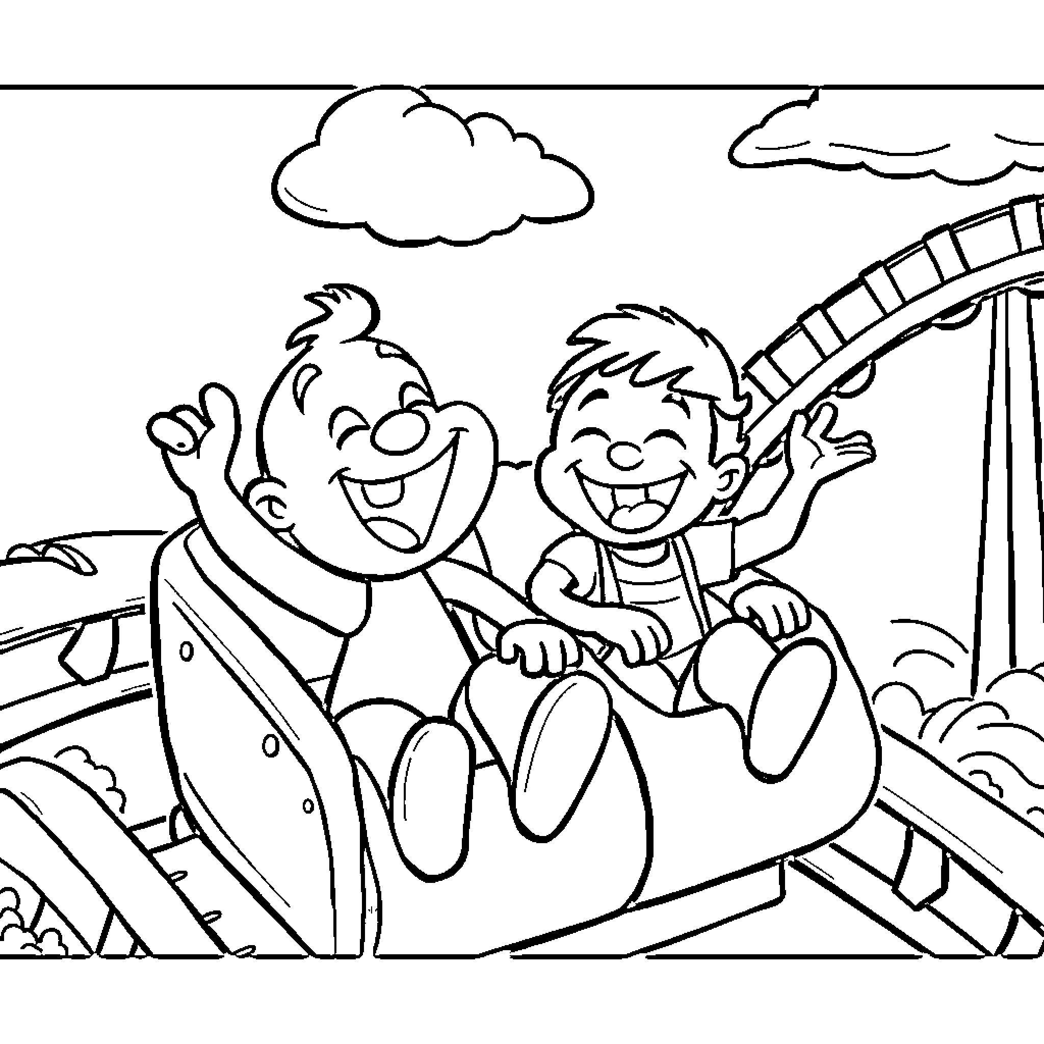 Bluey and friend enjoying a fun amusement park ride Coloring Page (free black-and-white line drawing printable PDF for all, from beginners to advanced learners, including children, teens, adults, and seniors)