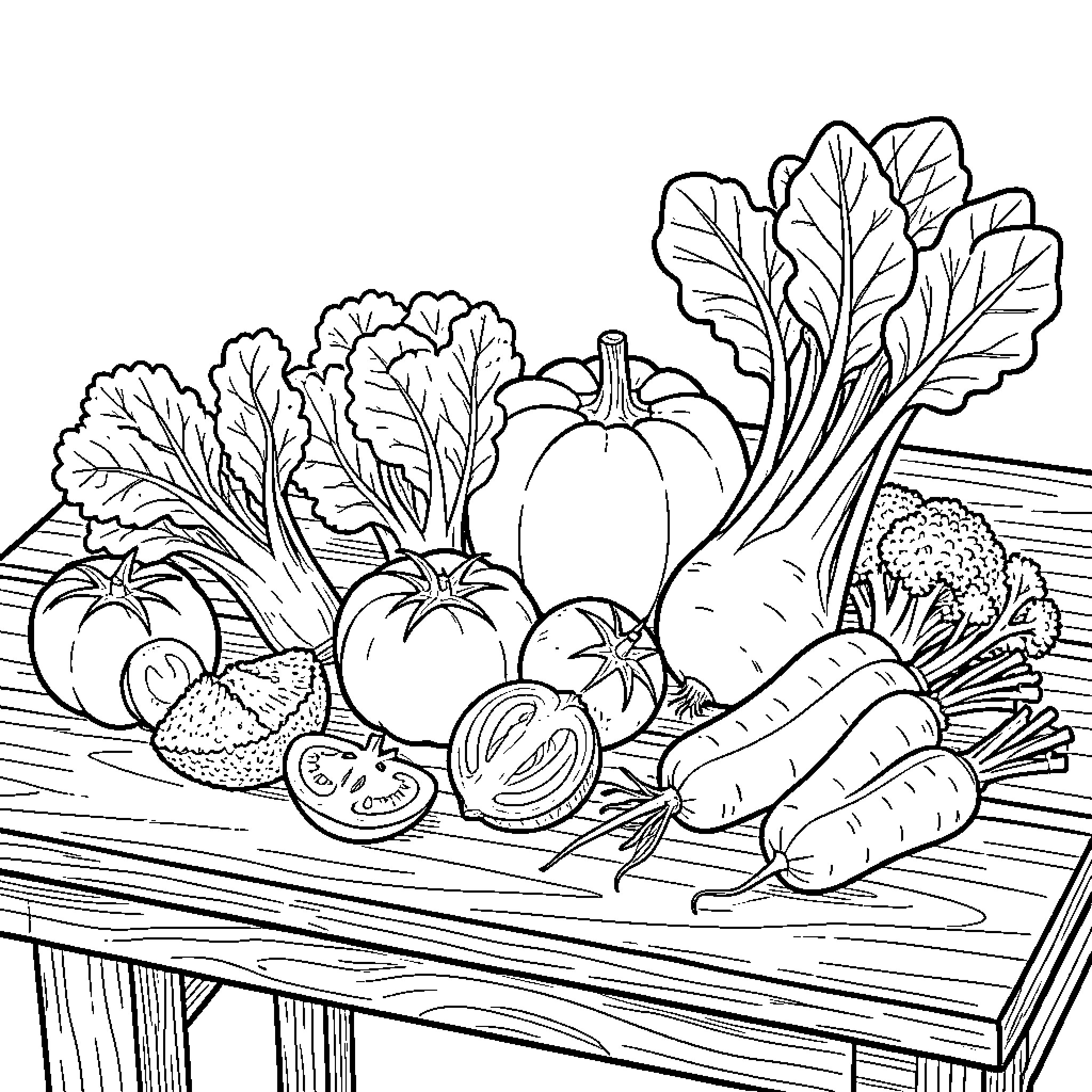 Vegetable bounty on rustic wooden table Coloring Page (free black-and-white line drawing printable PDF for all, from beginners to advanced learners, including children, teens, adults, and seniors)