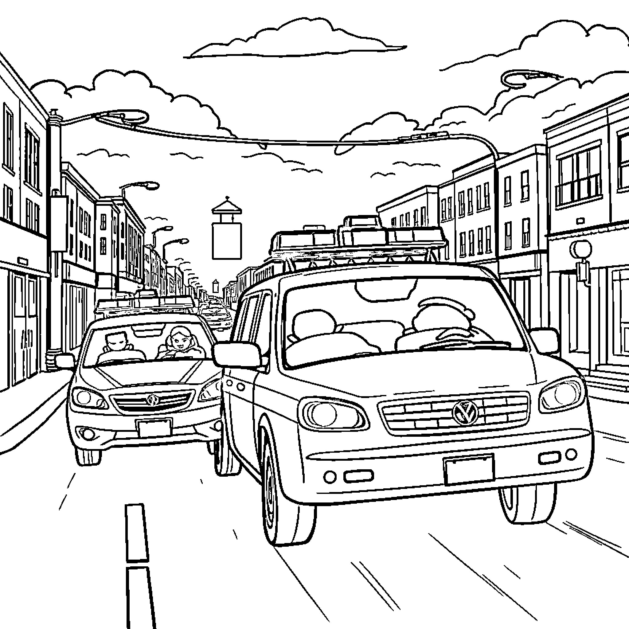 Emergency Vehicle Responding to Incident in City Street Coloring Page (free black-and-white line drawing printable PDF for all, from beginners to advanced learners, including children, teens, adults, and seniors)